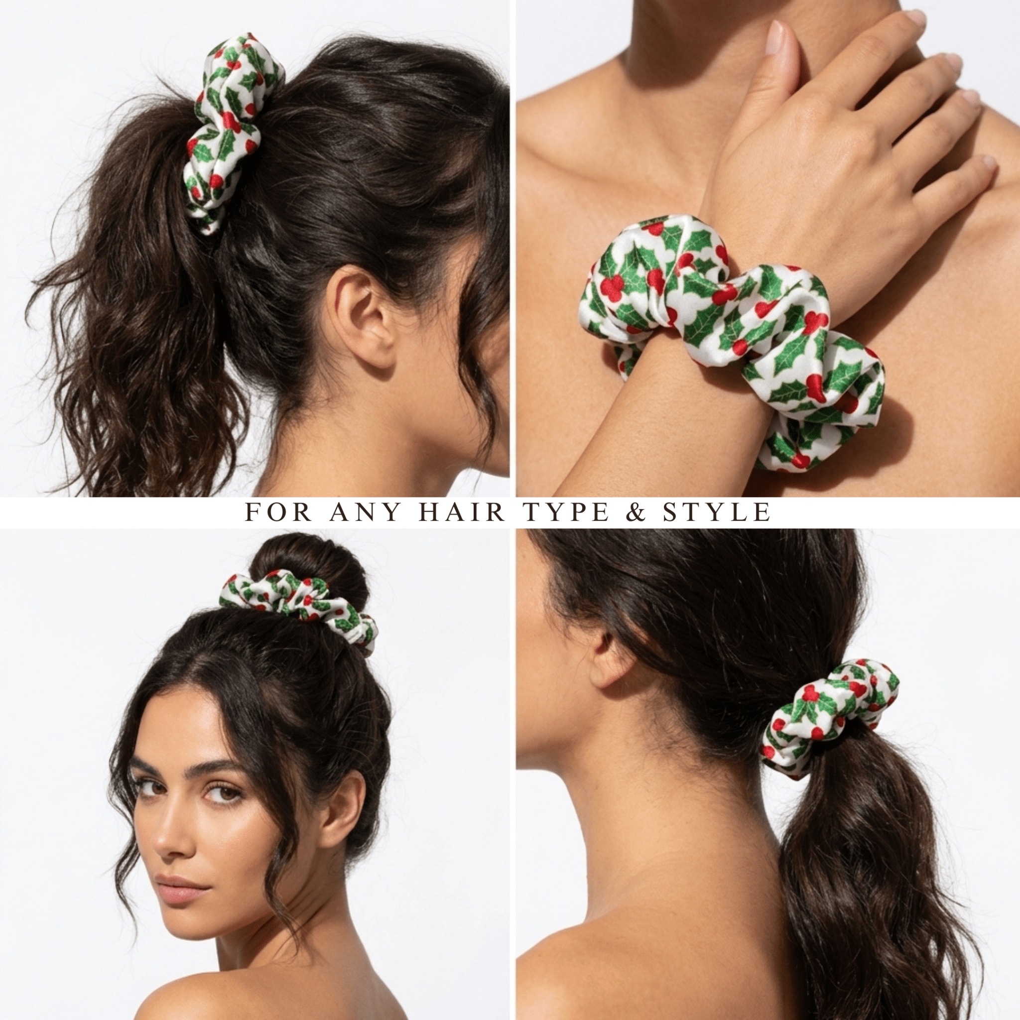 NOCHKA Mistletoe Print of Silk Scrunchies – Ultra Thin, Skinny, Regular & Jumbo - NOCHKA
