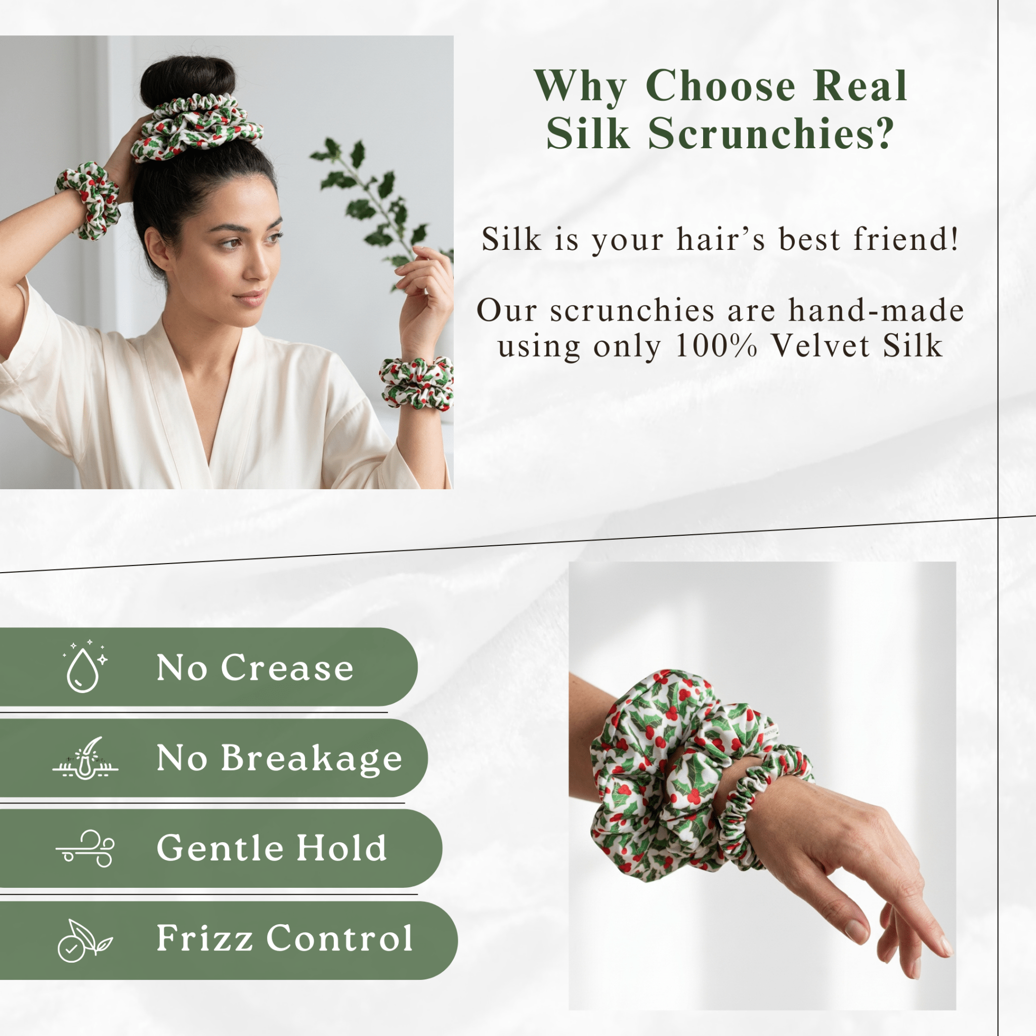 NOCHKA Mistletoe Print of Silk Scrunchies – Ultra Thin, Skinny, Regular & Jumbo - NOCHKA
