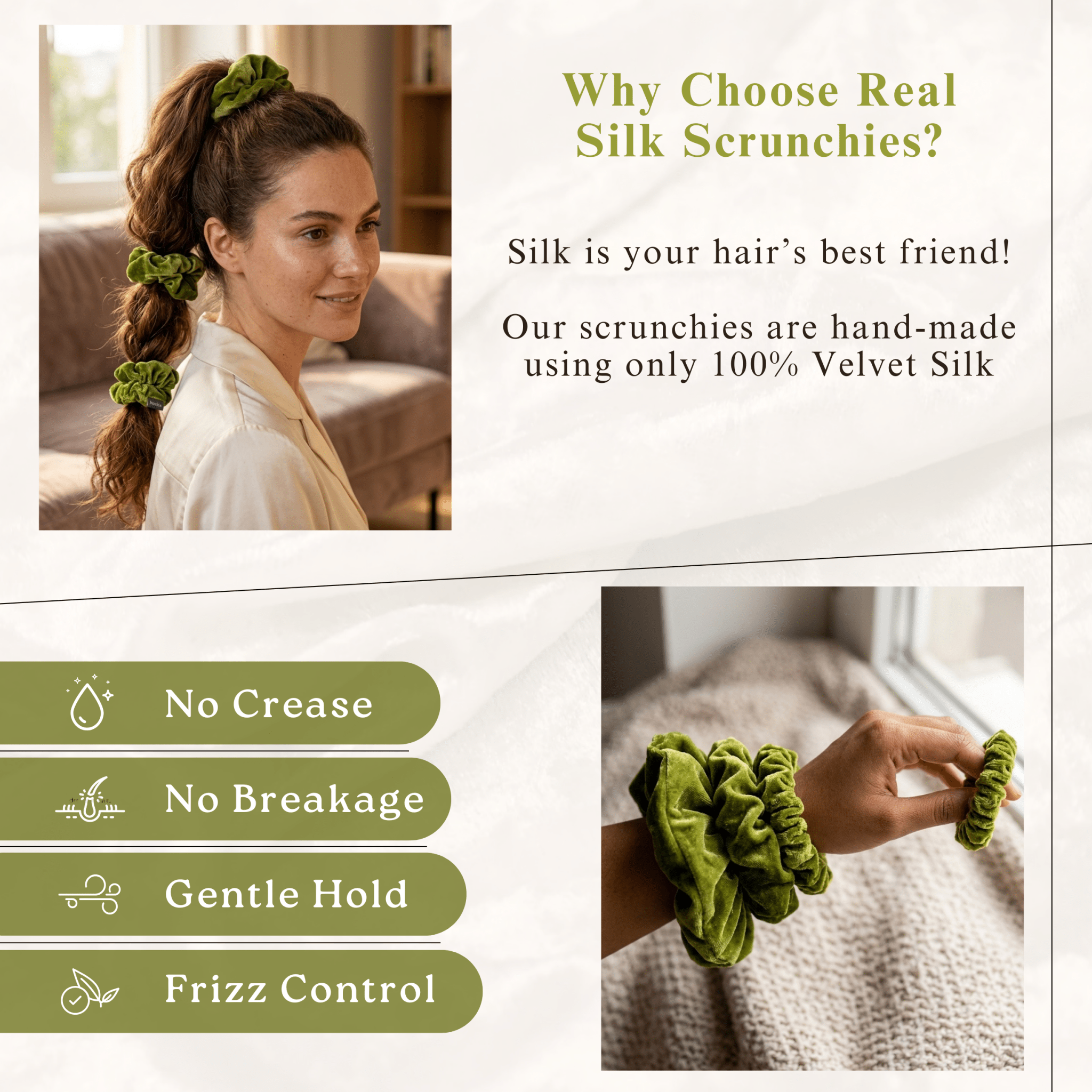 NOCHKA Olive Velvet Silk Scrunchies – Ultra Thin, Skinny, Regular & Jumbo Hair Ties – Soft Luxury Black Scrunchies for All Hair Types - NOCHKA
