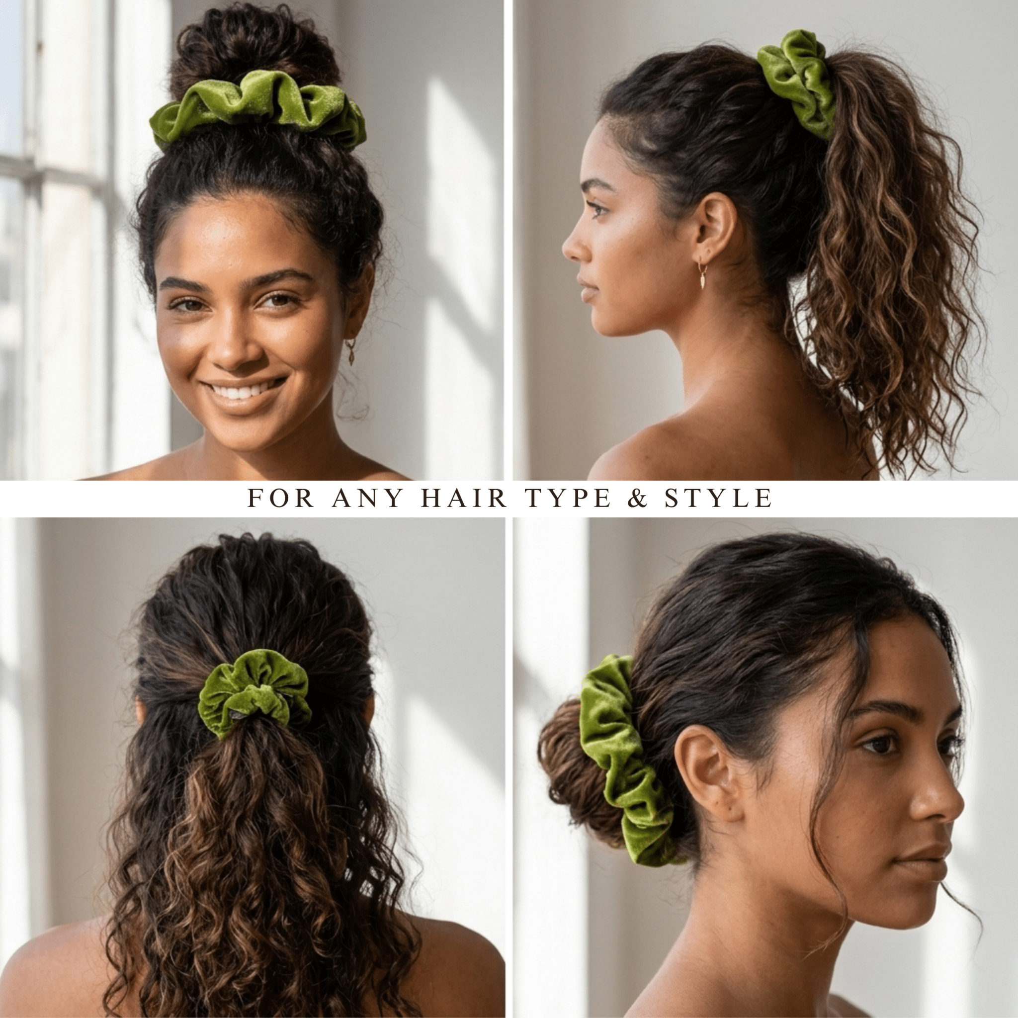 NOCHKA Olive Velvet Silk Scrunchies – Ultra Thin, Skinny, Regular & Jumbo Hair Ties – Soft Luxury Black Scrunchies for All Hair Types - NOCHKA

