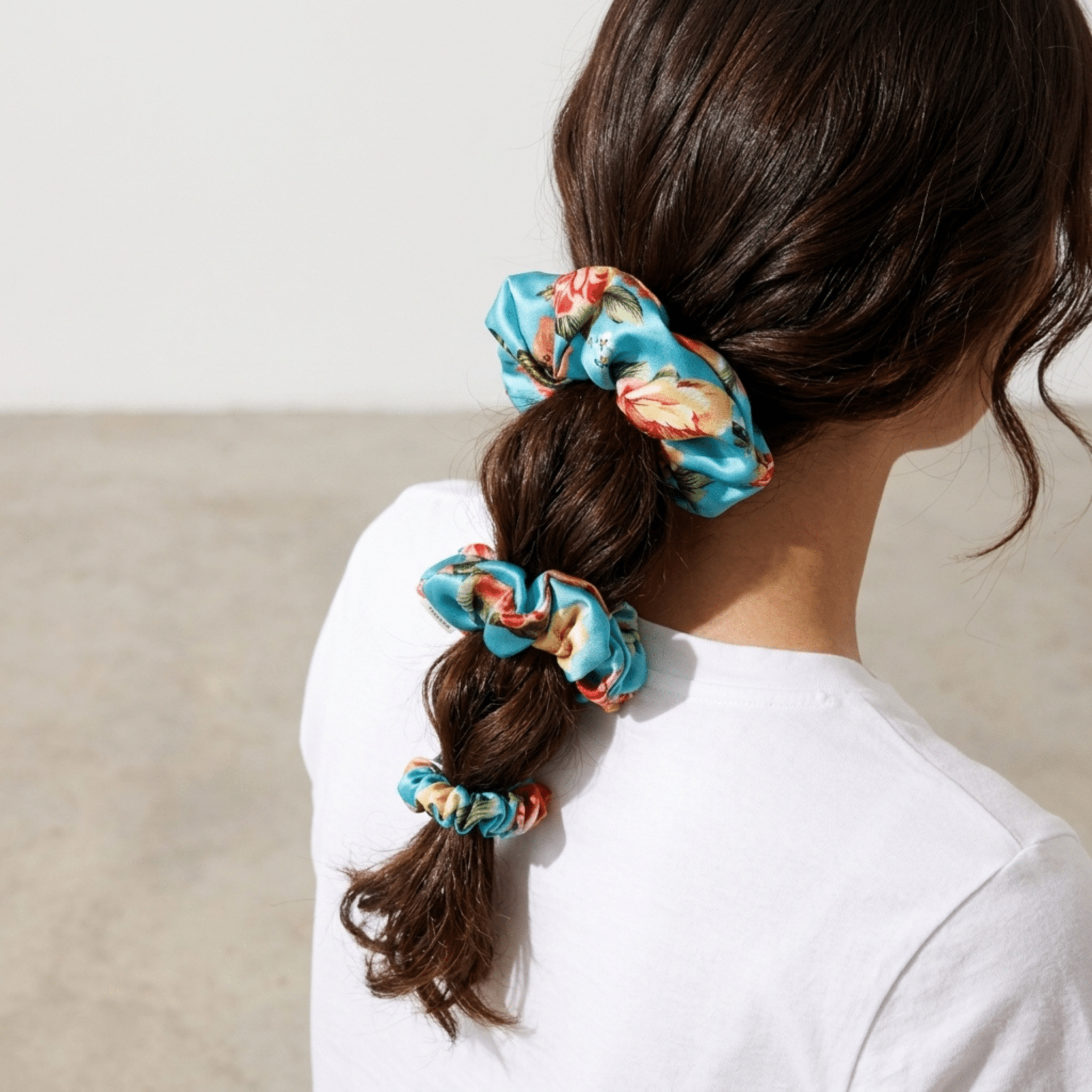 NOCHKA Peonies on Aqua Print of Silk Scrunchies – Ultra Thin, Skinny, Regular & Jumbo - NOCHKA
