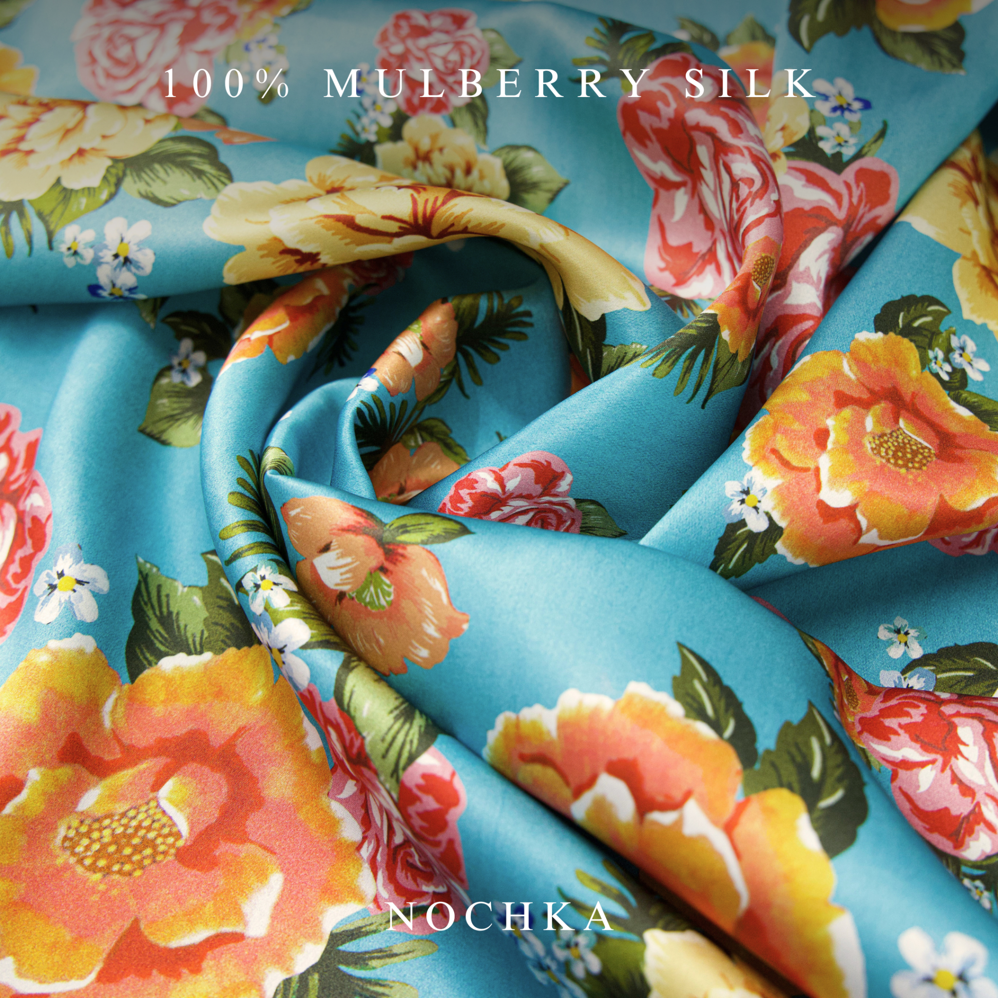 NOCHKA Peonies on Aqua Print of Silk Scrunchies – Ultra Thin, Skinny, Regular & Jumbo - NOCHKA
