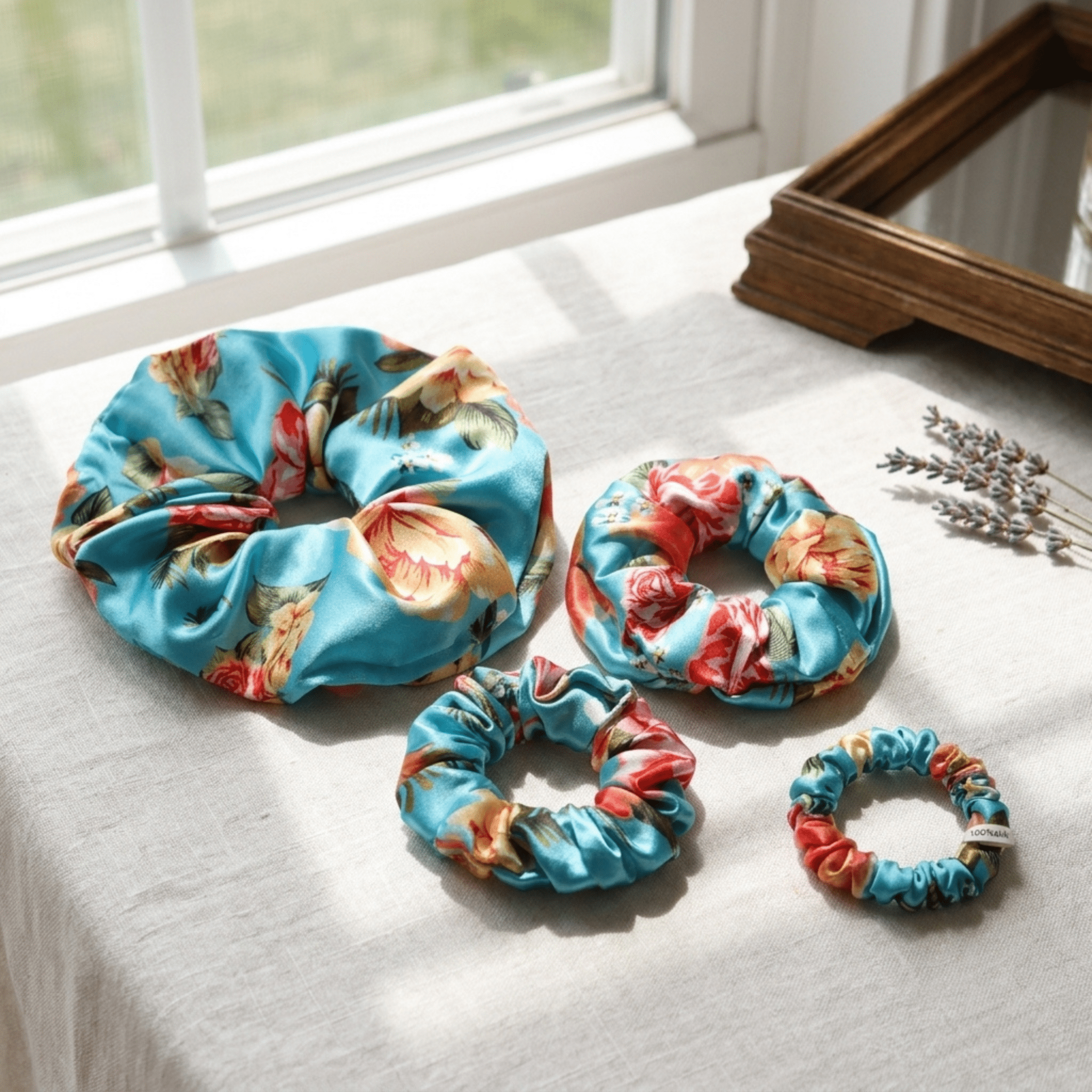 NOCHKA Peonies on Aqua Print of Silk Scrunchies – Ultra Thin, Skinny, Regular & Jumbo - NOCHKA
