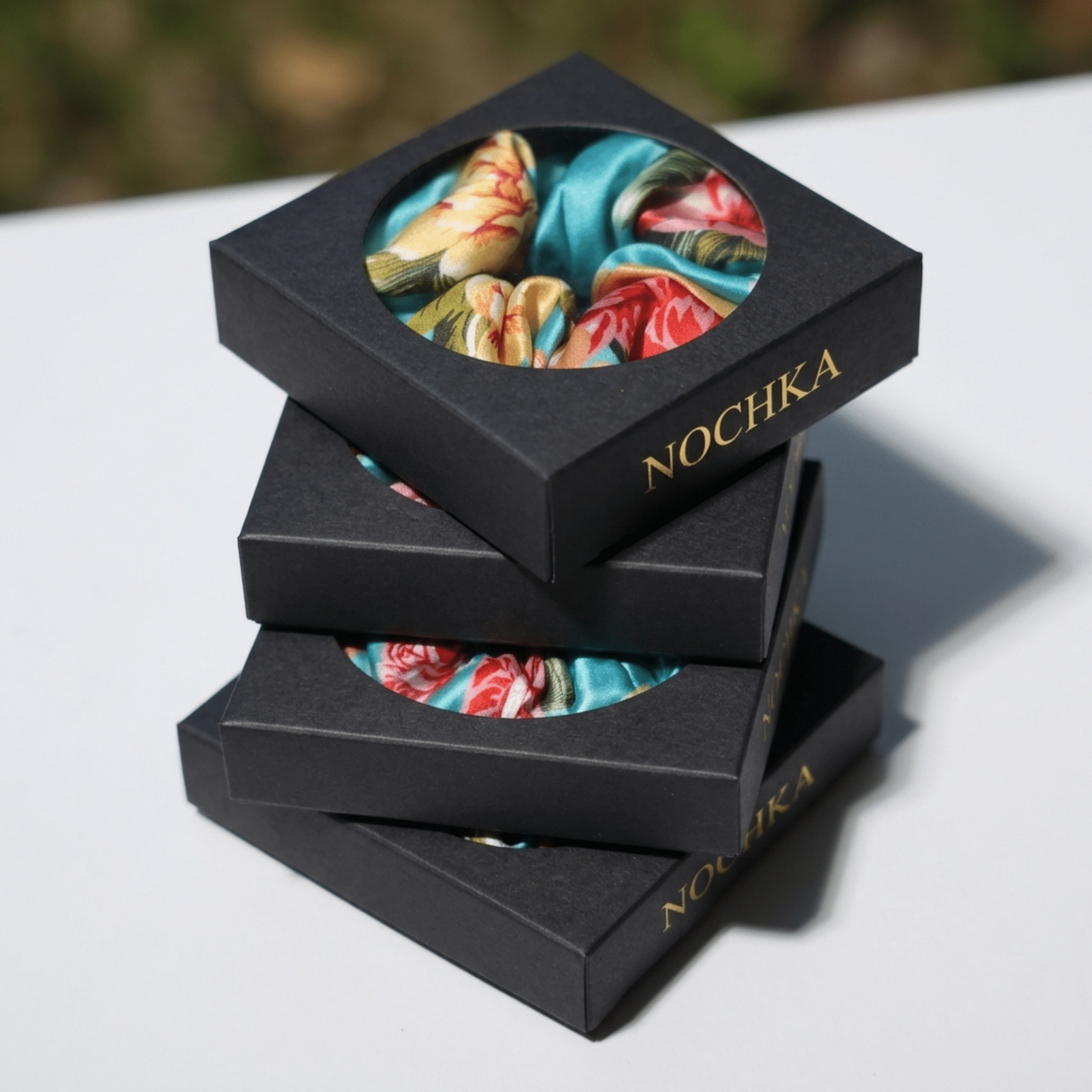 NOCHKA Peonies on Aqua Print of Silk Scrunchies – Ultra Thin, Skinny, Regular & Jumbo - NOCHKA
