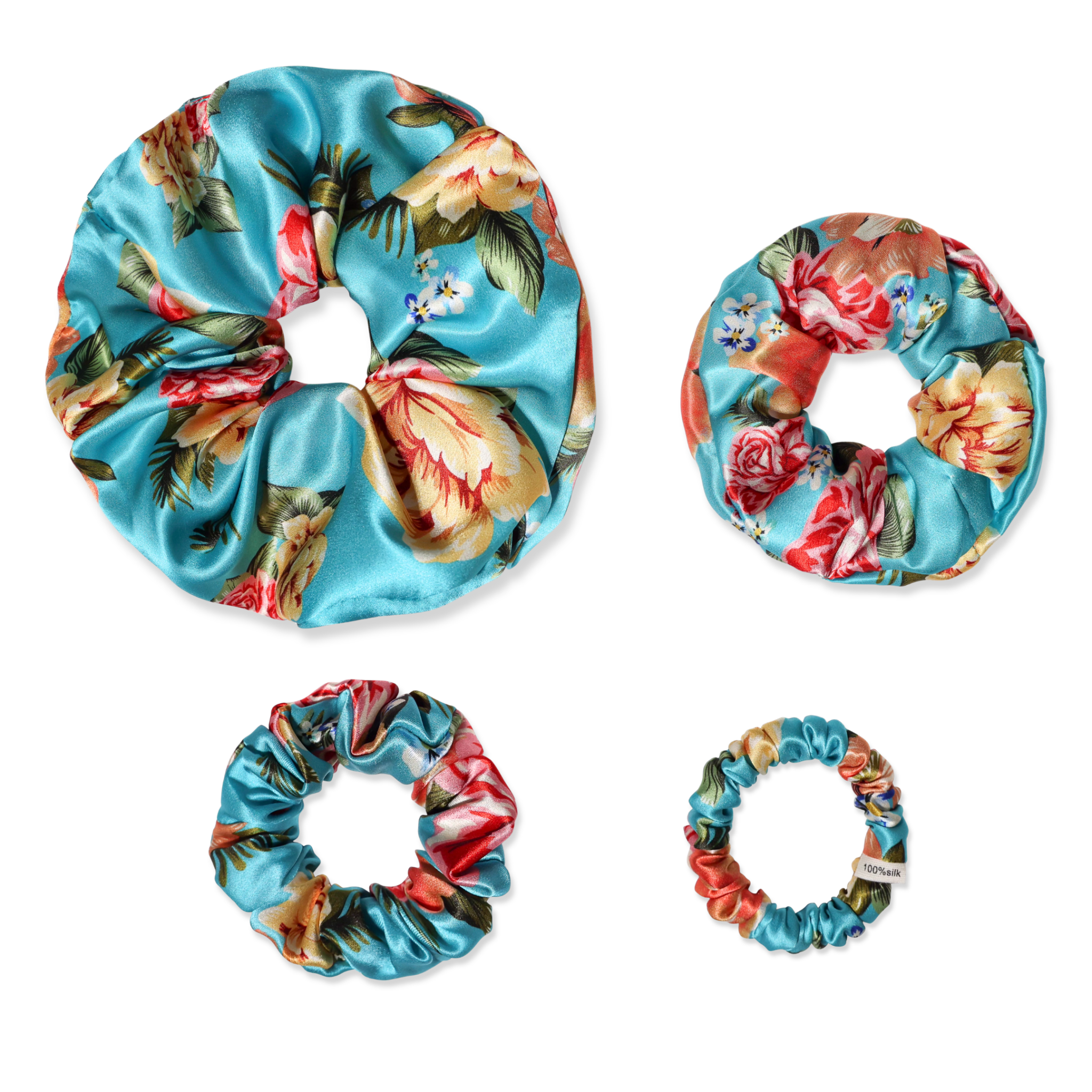 NOCHKA Peonies on Aqua Print of Silk Scrunchies – Ultra Thin, Skinny, Regular & Jumbo - NOCHKA