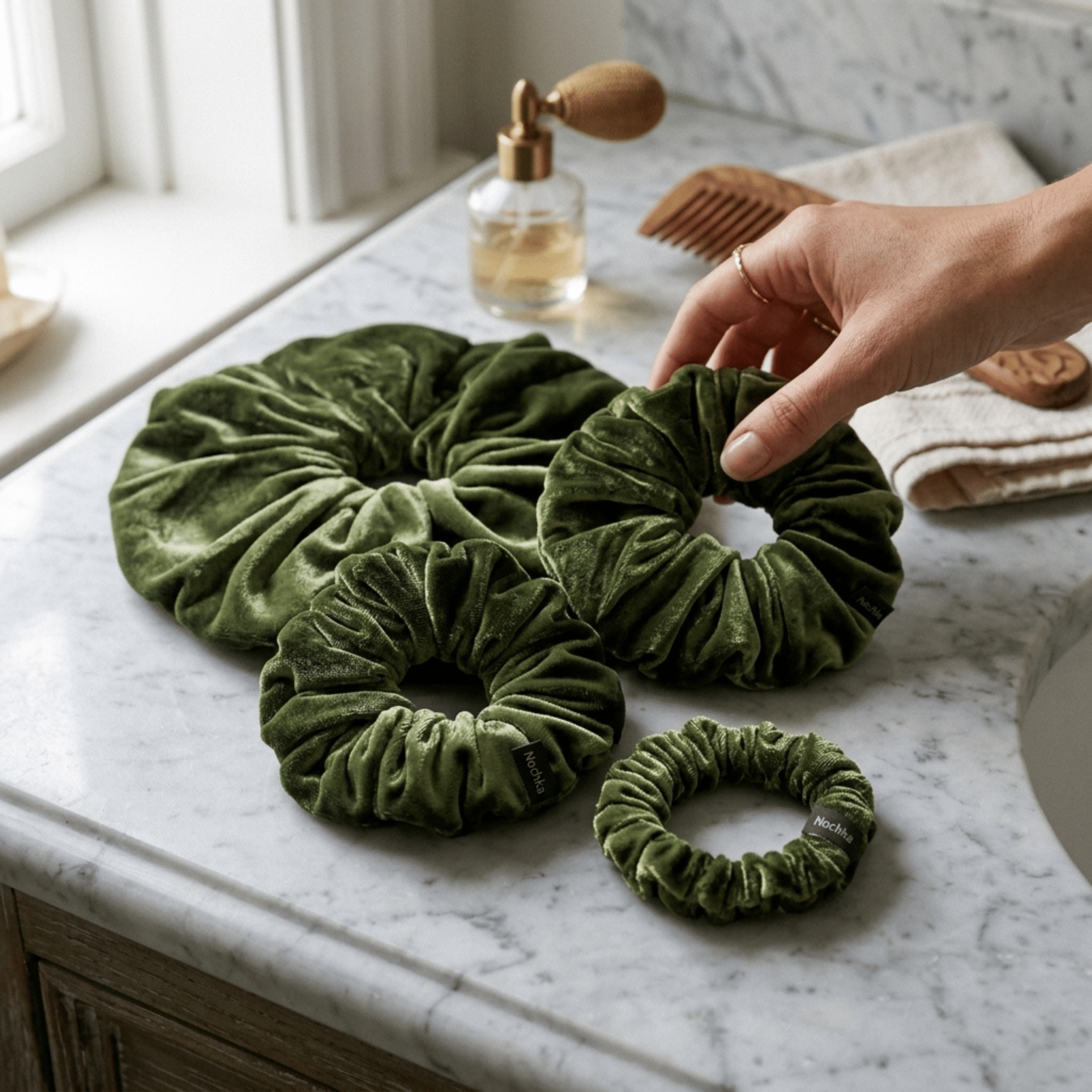 NOCHKA Pesto Velvet Silk Scrunchies – Ultra Thin, Skinny, Regular & Jumbo Hair Ties – Soft Luxury Black Scrunchies for All Hair Types - NOCHKA
