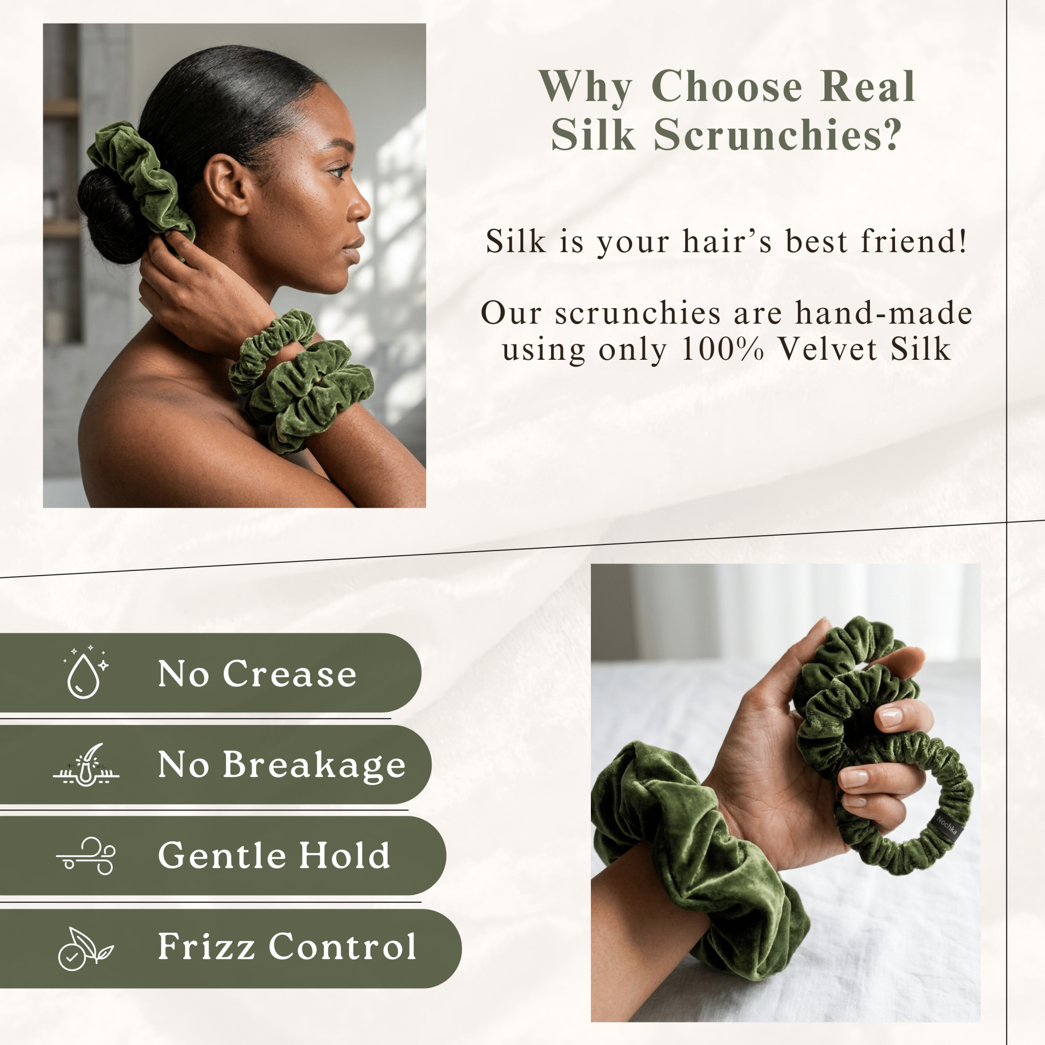 NOCHKA Pesto Velvet Silk Scrunchies – Ultra Thin, Skinny, Regular & Jumbo Hair Ties – Soft Luxury Black Scrunchies for All Hair Types - NOCHKA
