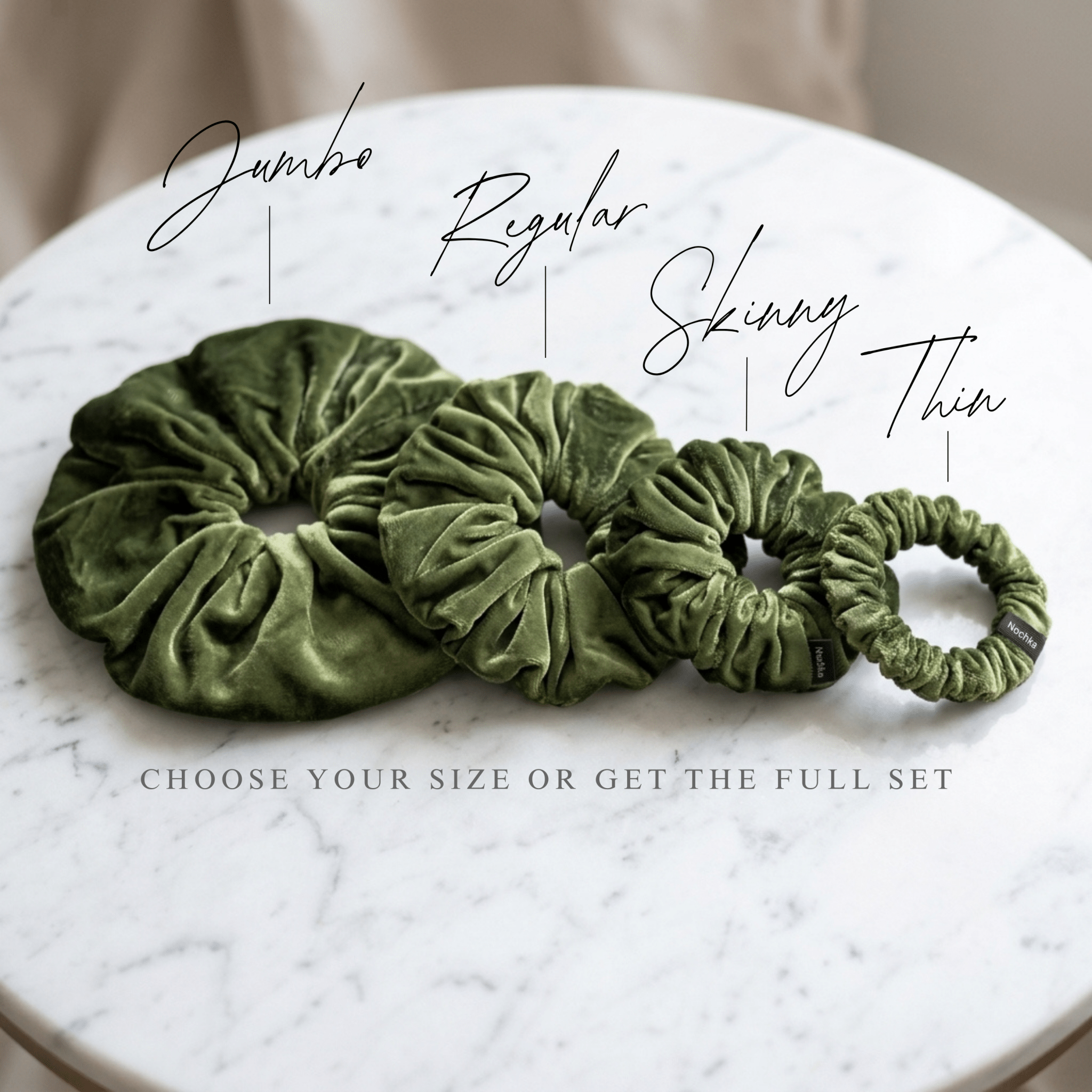 NOCHKA Pesto Velvet Silk Scrunchies – Ultra Thin, Skinny, Regular & Jumbo Hair Ties – Soft Luxury Black Scrunchies for All Hair Types - NOCHKA
