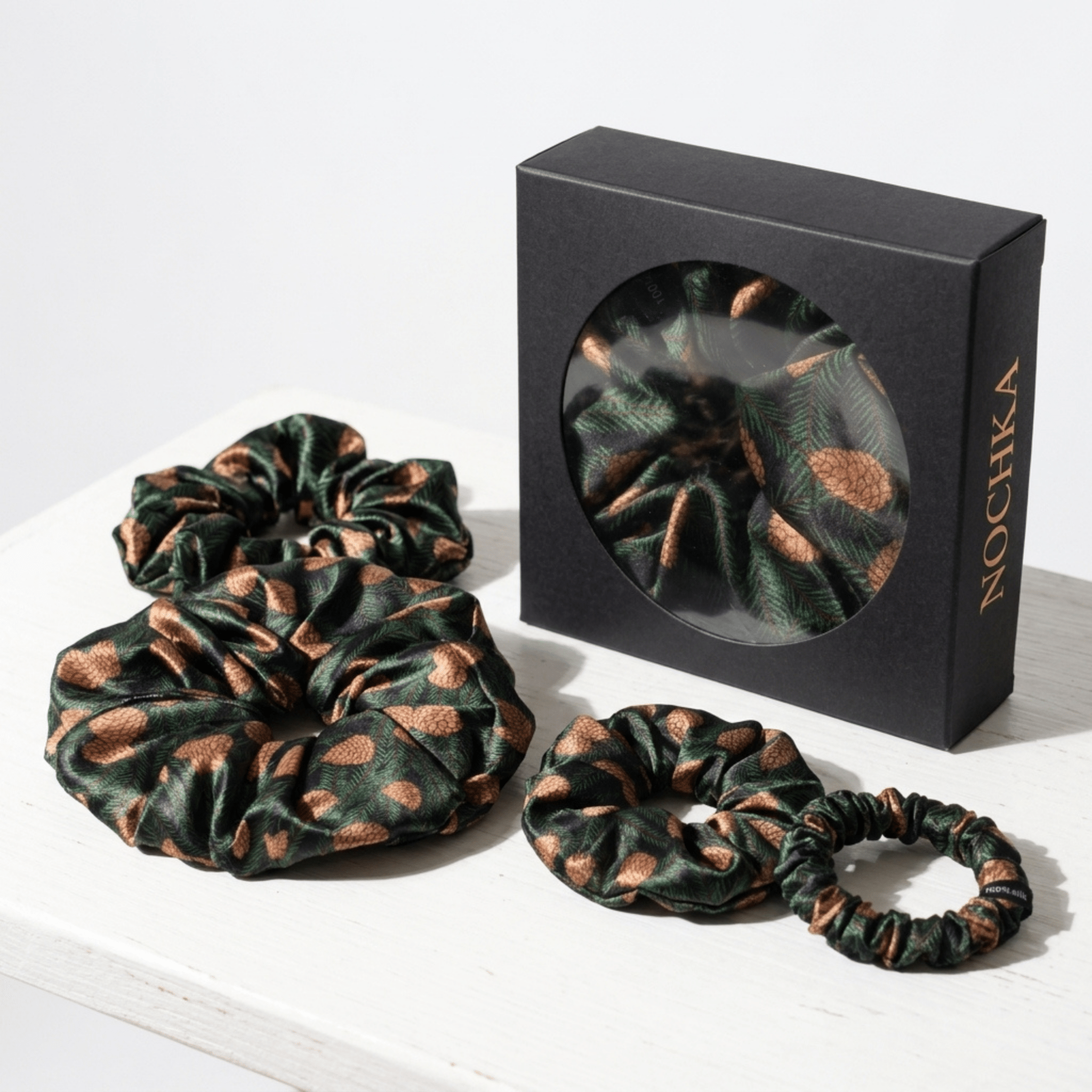 NOCHKA Pine Tree Print of Silk Scrunchies – Ultra Thin, Skinny, Regular & Jumbo - NOCHKA
