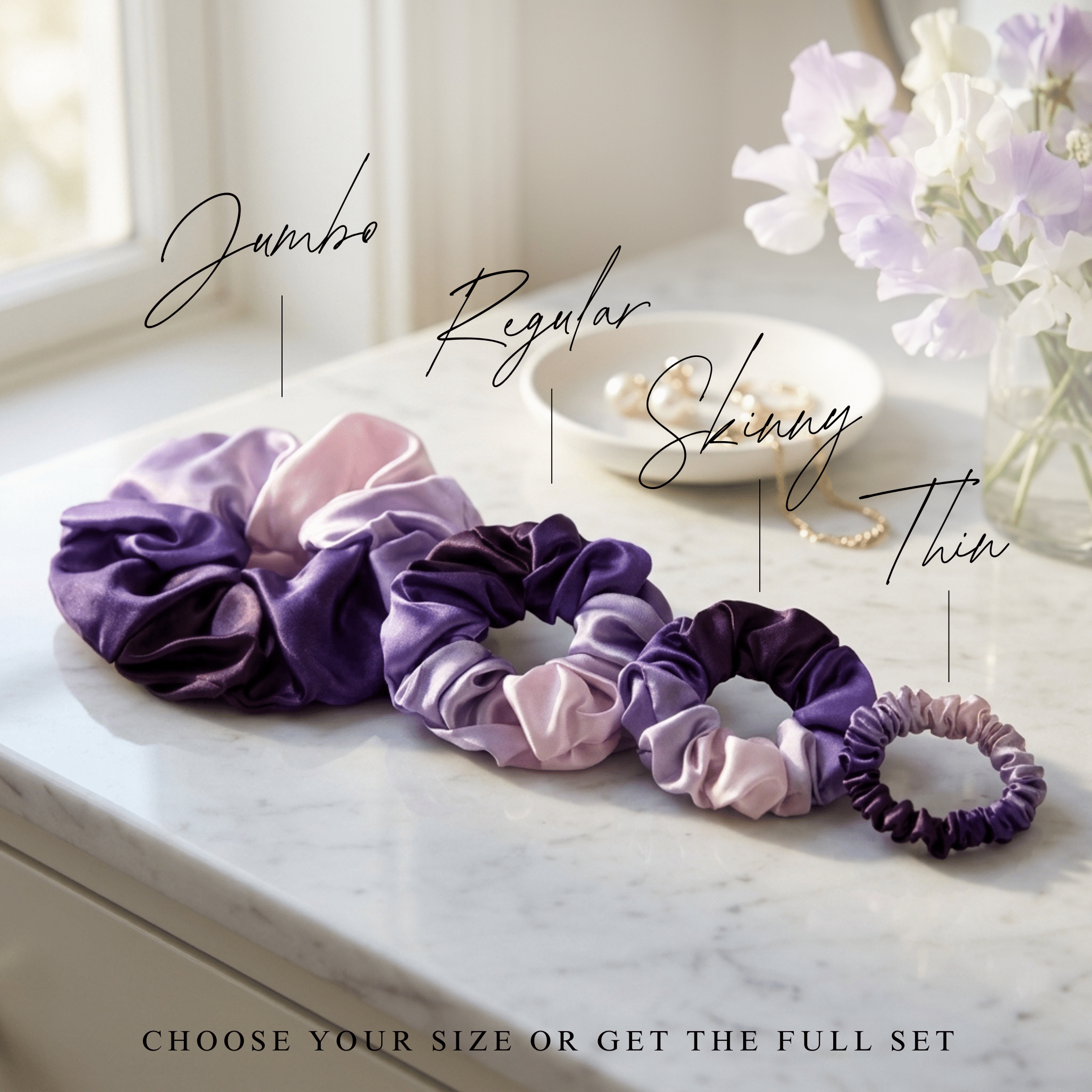 NOCHKA Purple Gradient Print of Silk Scrunchies – Ultra Thin, Skinny, Regular & Jumbo - NOCHKA
