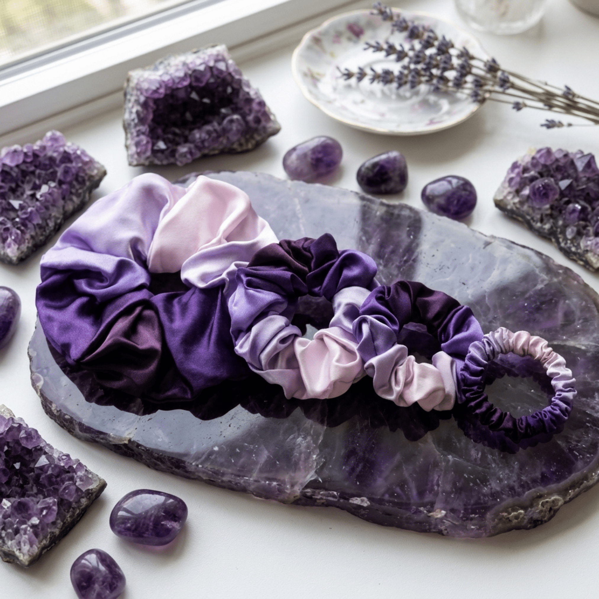 NOCHKA Purple Gradient Print of Silk Scrunchies – Ultra Thin, Skinny, Regular & Jumbo - NOCHKA
