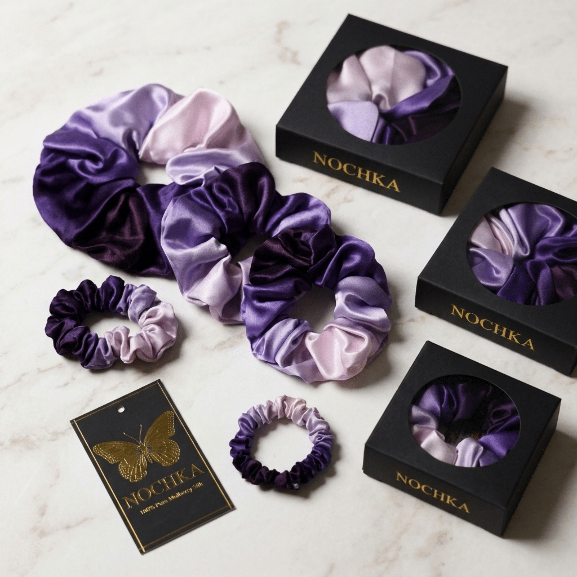 NOCHKA Purple Gradient Print of Silk Scrunchies – Ultra Thin, Skinny, Regular & Jumbo - NOCHKA
