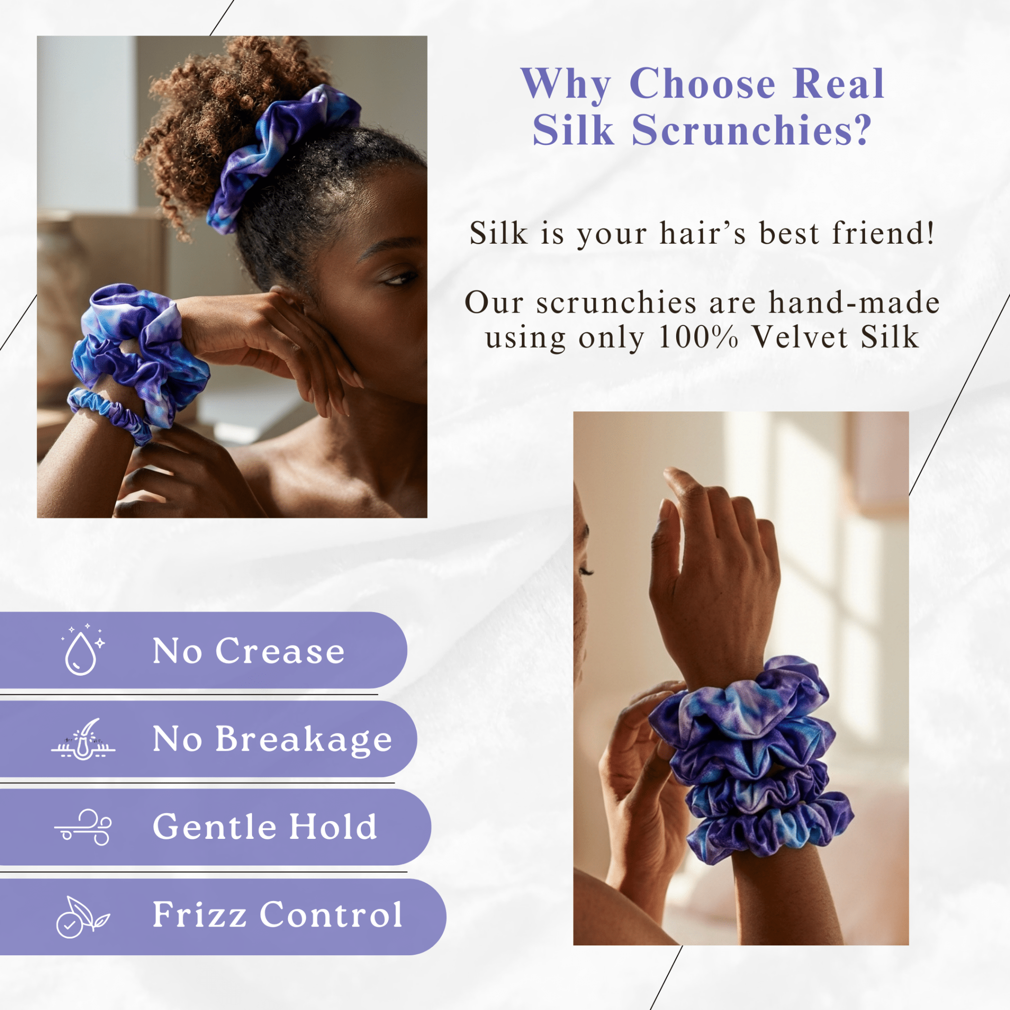 NOCHKA Purple Way Print of Silk Scrunchies – Ultra Thin, Skinny, Regular & Jumbo - NOCHKA
