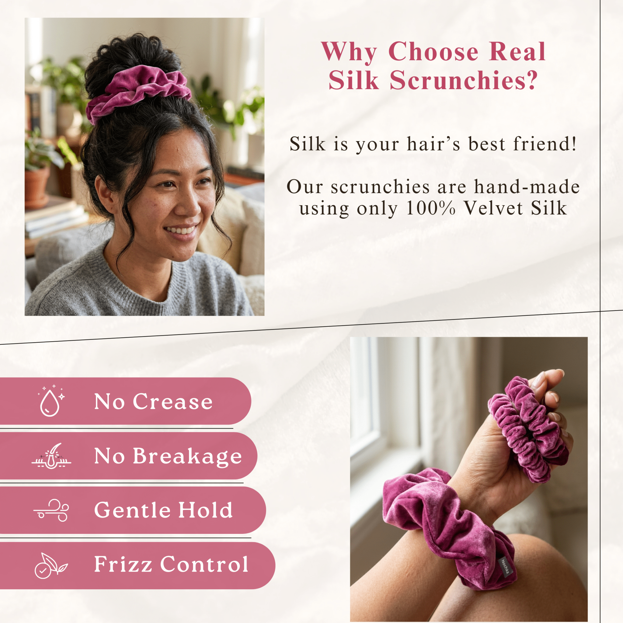 NOCHKA Raspberry Velvet Silk Scrunchies – Ultra Thin, Skinny, Regular & Jumbo Hair Ties – Soft Luxury Black Scrunchies for All Hair Types - NOCHKA
