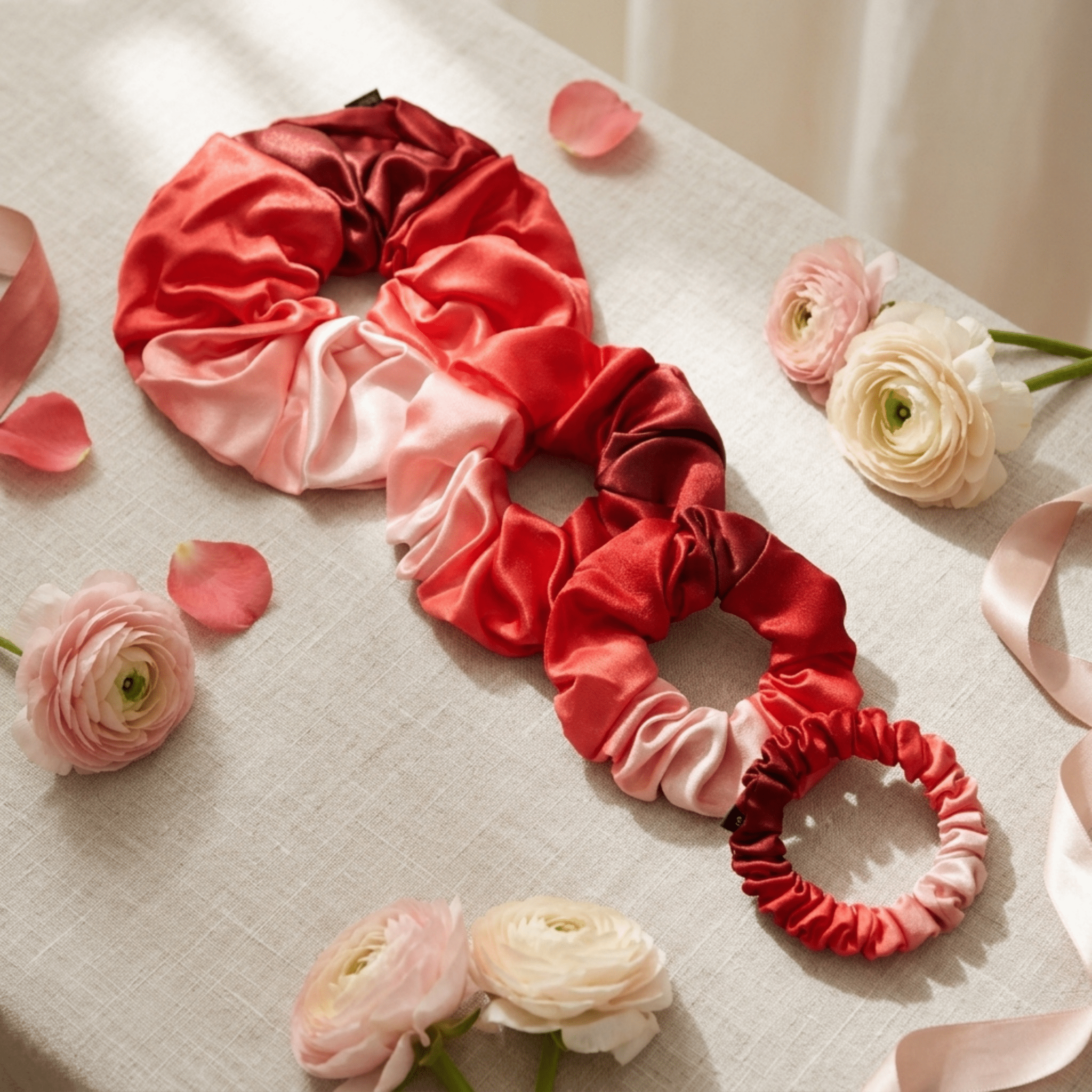 NOCHKA Red Gradient Print of Silk Scrunchies – Ultra Thin, Skinny, Regular & Jumbo - NOCHKA
