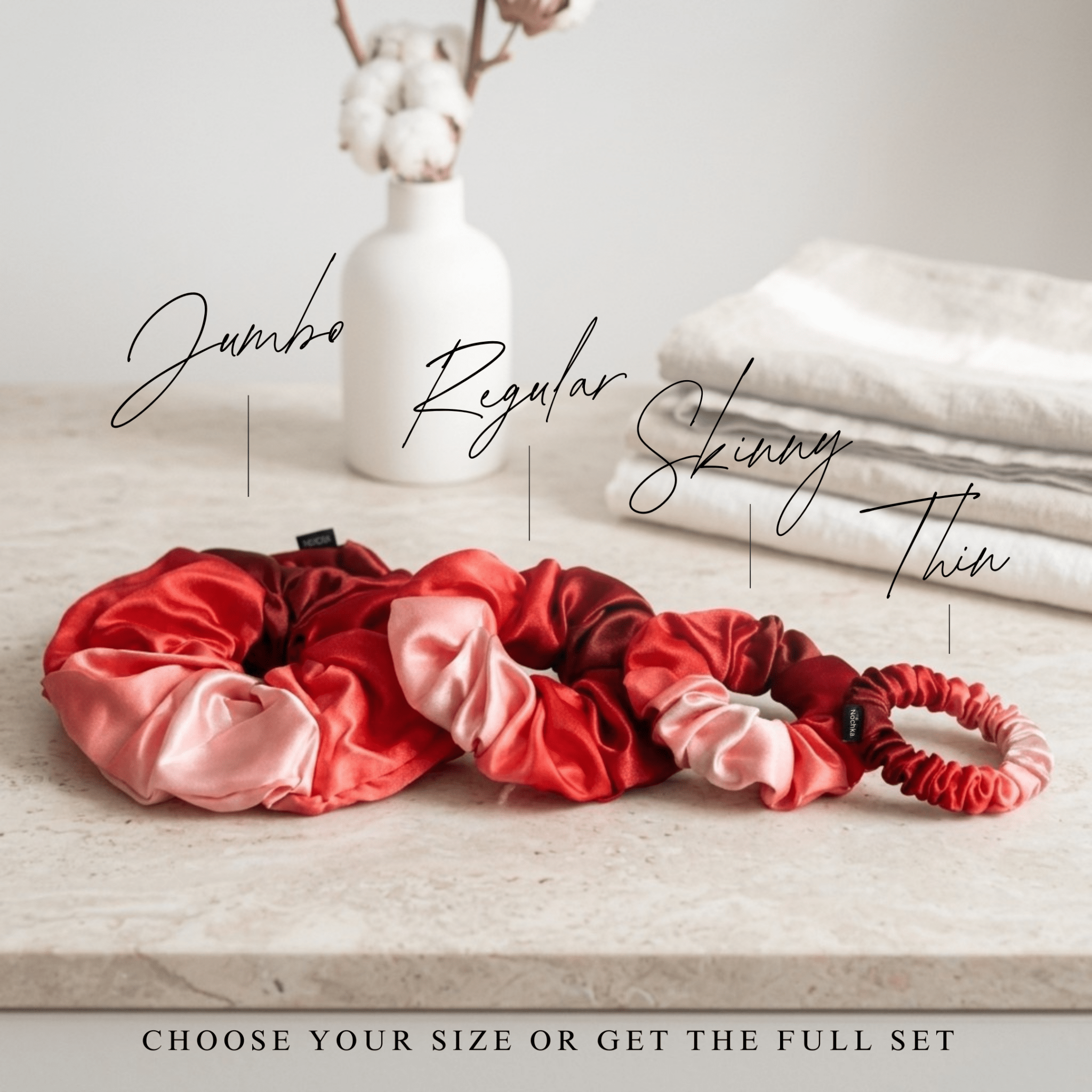 NOCHKA Red Gradient Print of Silk Scrunchies – Ultra Thin, Skinny, Regular & Jumbo - NOCHKA
