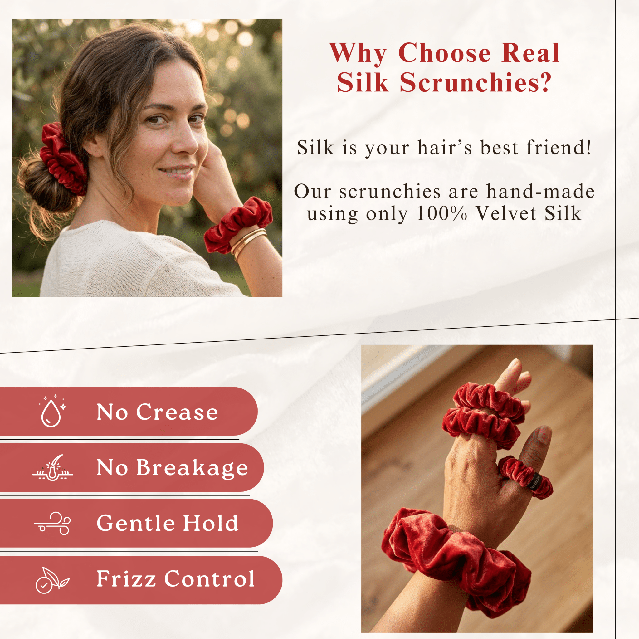 NOCHKA Red Velvet Silk Scrunchies – Ultra Thin, Skinny, Regular & Jumbo Hair Ties – Soft Luxury Black Scrunchies for All Hair Types - NOCHKA
