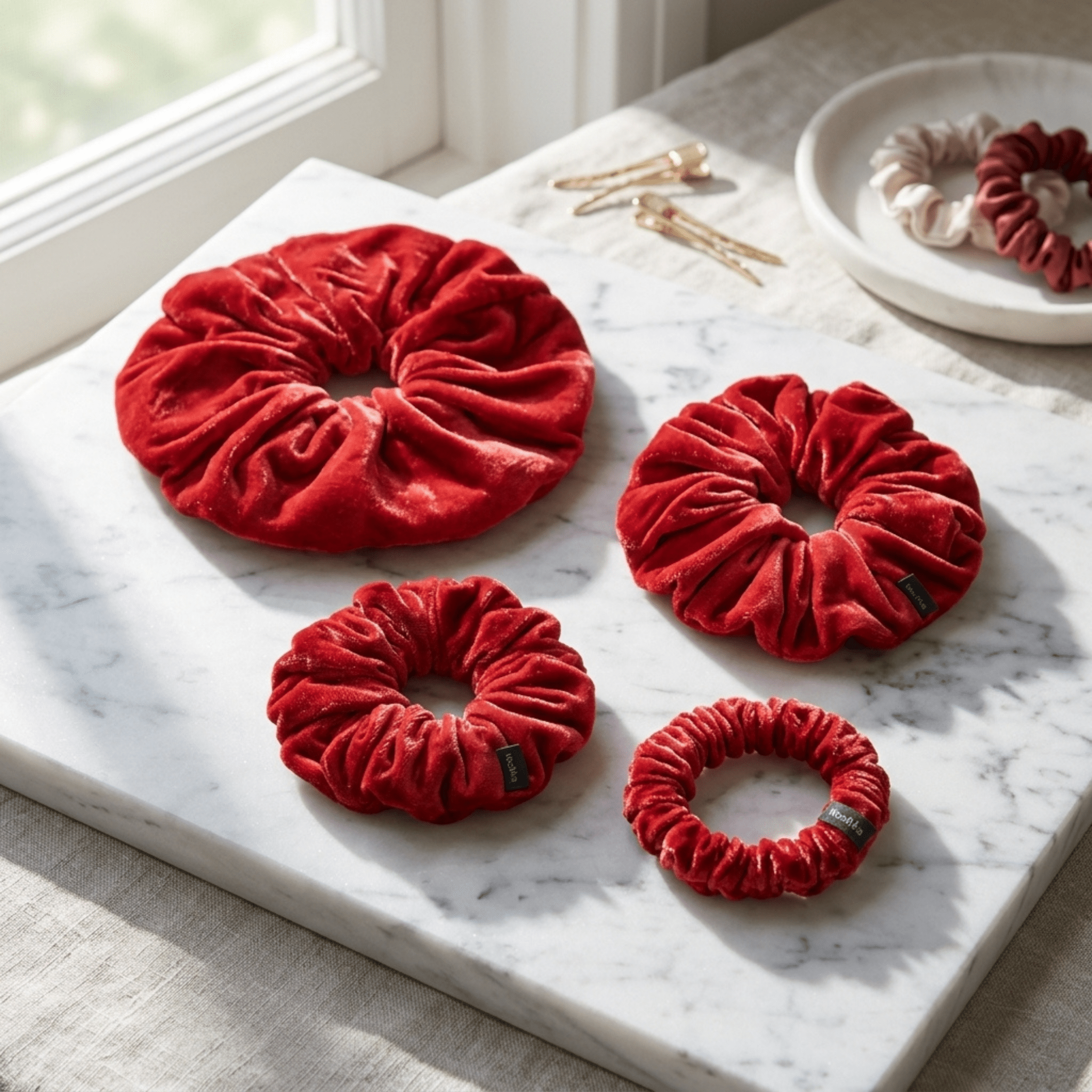 NOCHKA Red Velvet Silk Scrunchies – Ultra Thin, Skinny, Regular & Jumbo Hair Ties – Soft Luxury Black Scrunchies for All Hair Types - NOCHKA
