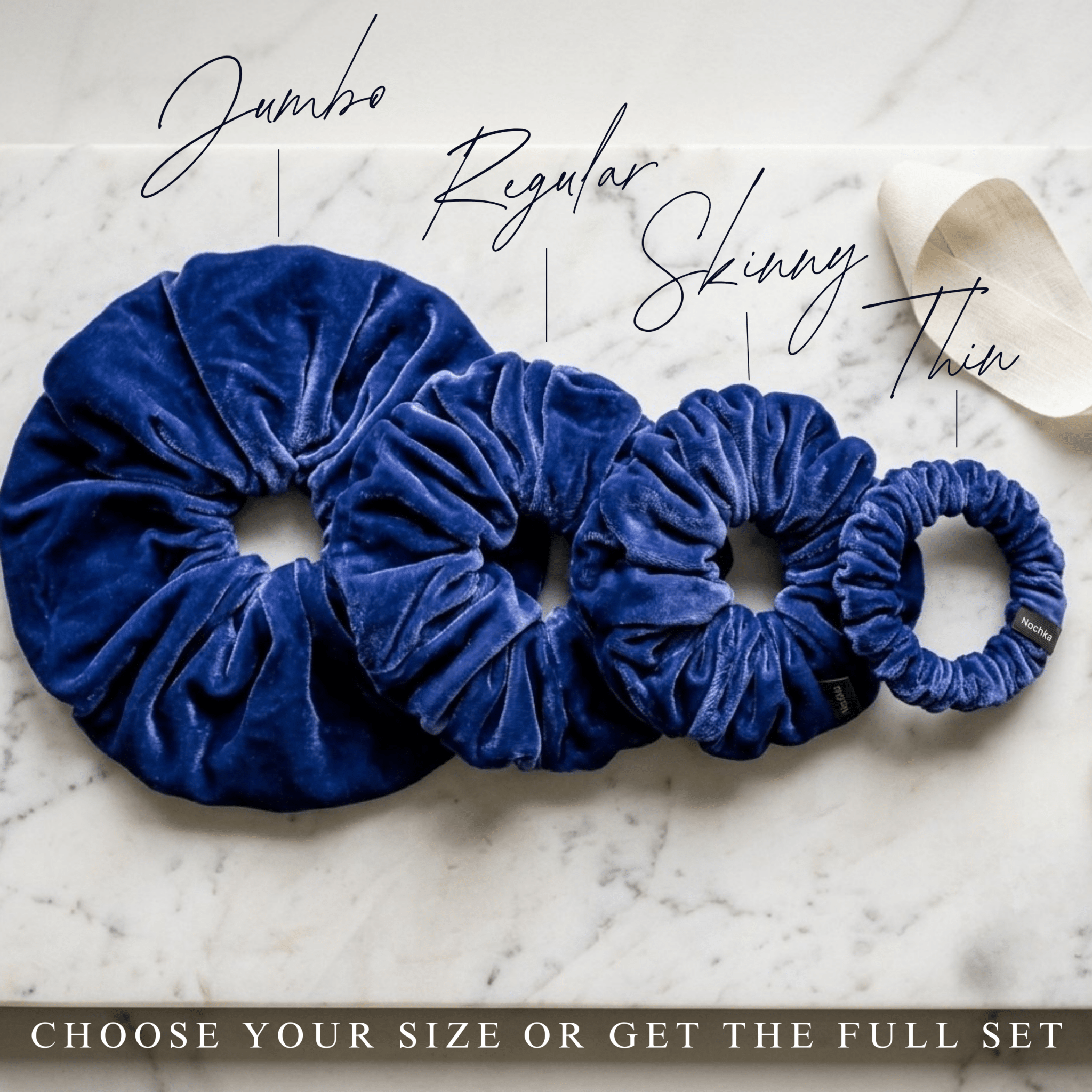 NOCHKA Royal Blue Velvet Silk Scrunchies – Ultra Thin, Skinny, Regular & Jumbo Hair Ties – Soft Luxury Black Scrunchies for All Hair Type - NOCHKA
