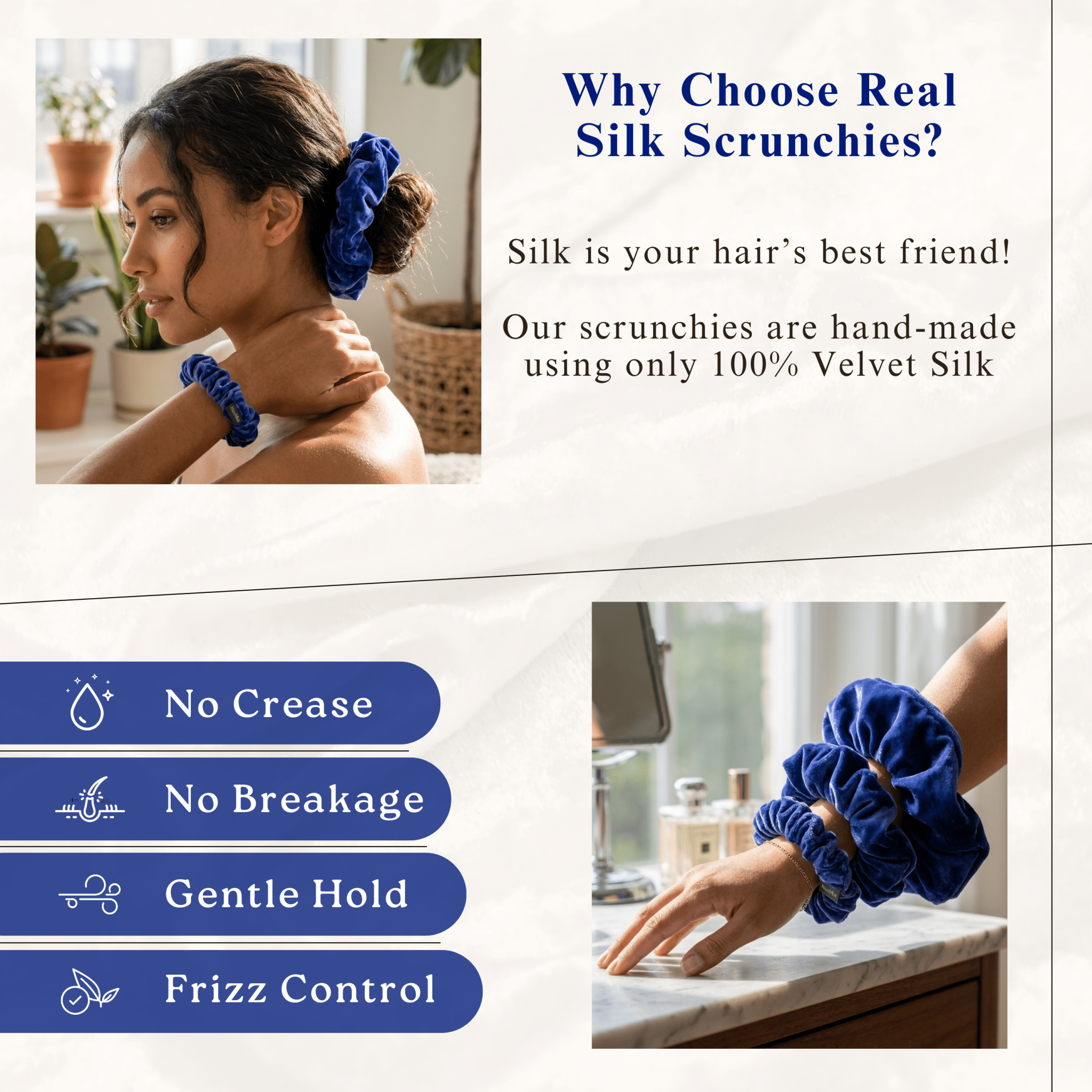 NOCHKA Royal Blue Velvet Silk Scrunchies – Ultra Thin, Skinny, Regular & Jumbo Hair Ties – Soft Luxury Black Scrunchies for All Hair Type - NOCHKA
