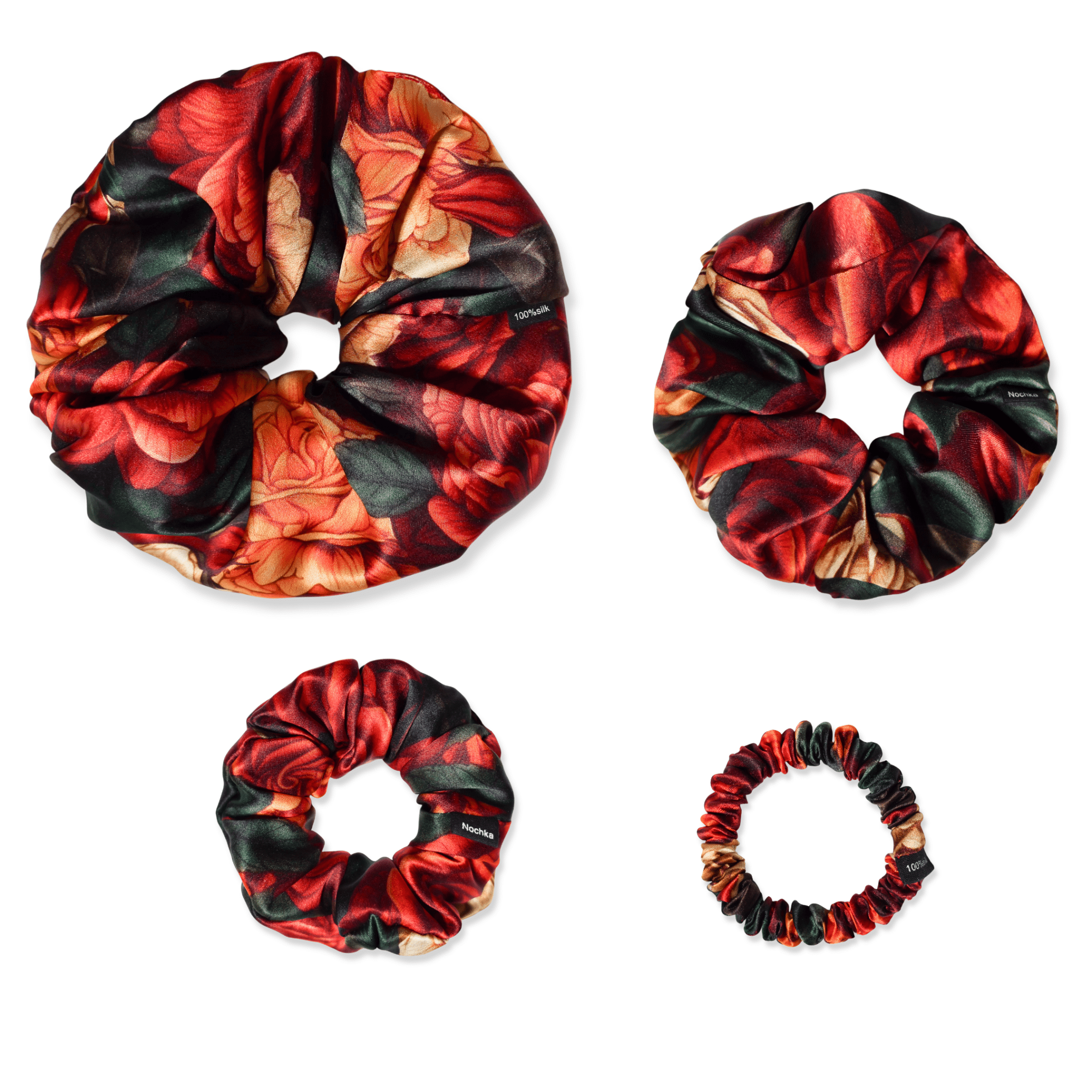 NOCHKA Rusty Rose Print of Silk Scrunchies – Ultra Thin, Skinny, Regular & Jumbo - NOCHKA