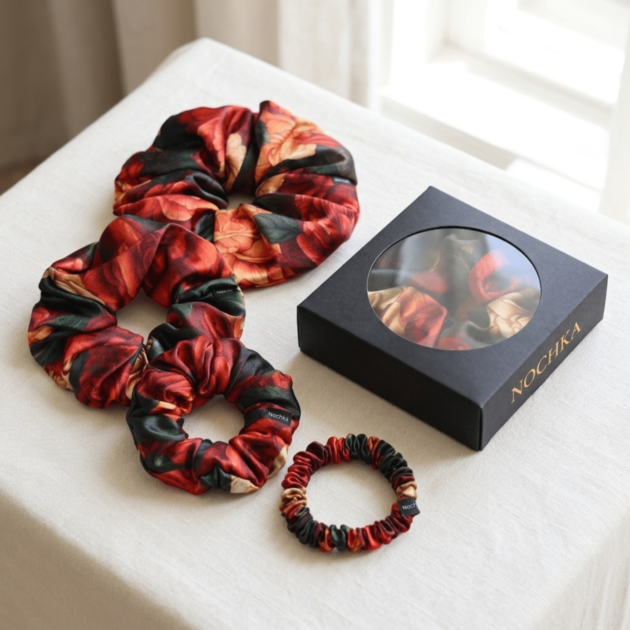 NOCHKA Rusty Rose Print of Silk Scrunchies – Ultra Thin, Skinny, Regular & Jumbo - NOCHKA
