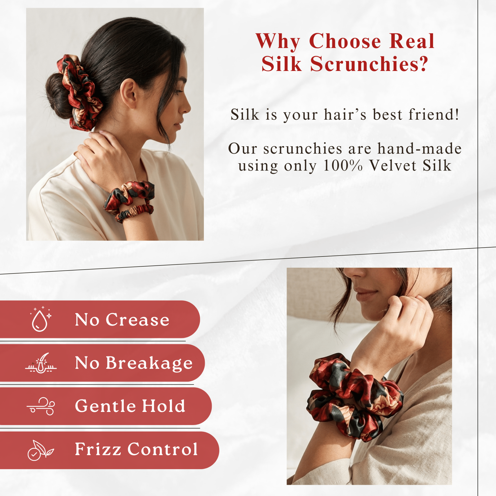 NOCHKA Rusty Rose Print of Silk Scrunchies – Ultra Thin, Skinny, Regular & Jumbo - NOCHKA

