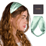 Woman wearing Aqua Blue Pure Mulberry Silk Headband – stylish and gentle on hair
