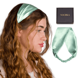 Woman wearing Aqua Blue Pure Mulberry Silk Headband – stylish and gentle on hair
