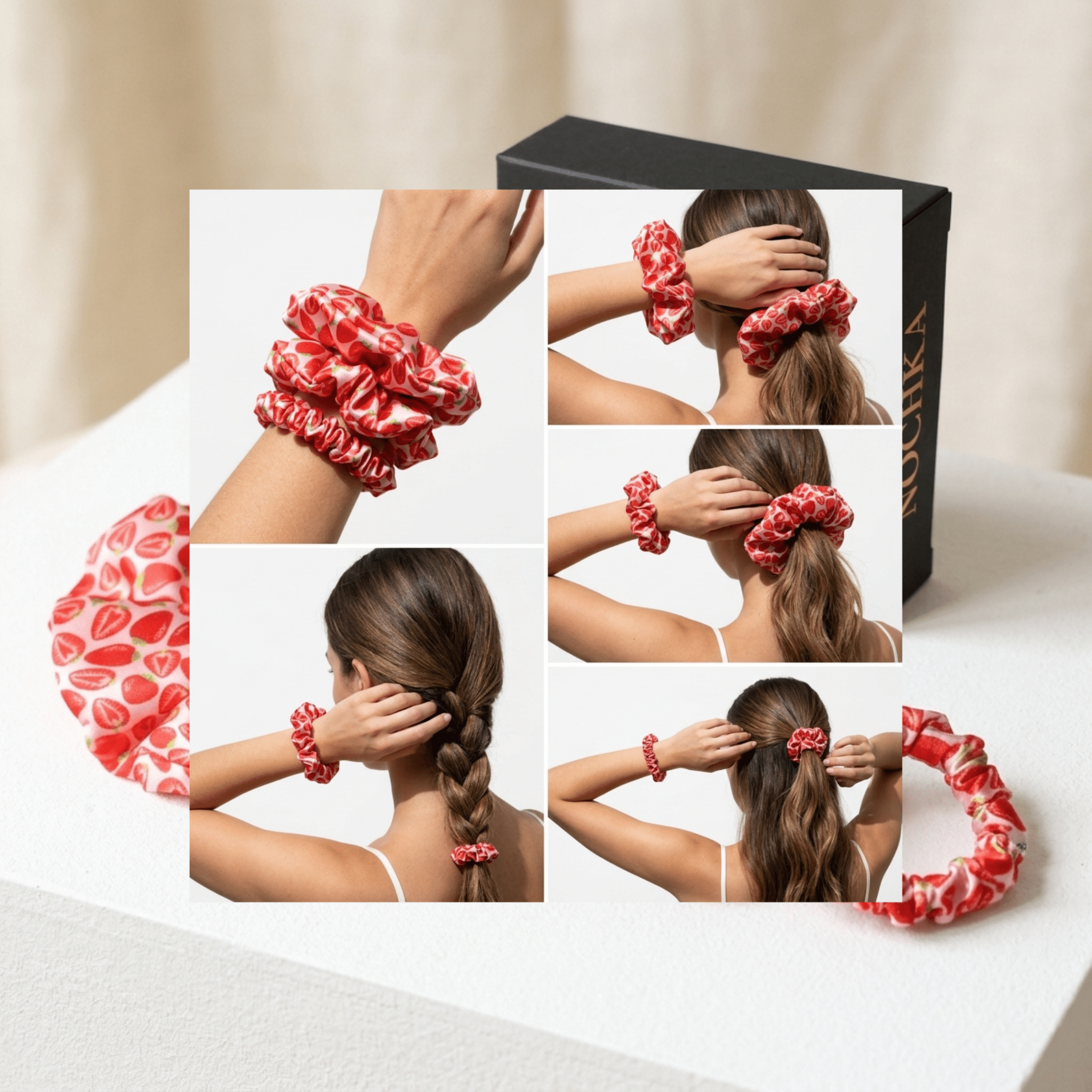 NOCHKA Strawberry Print of Silk Scrunchies – Ultra Thin, Skinny, Regular & Jumbo - NOCHKA
