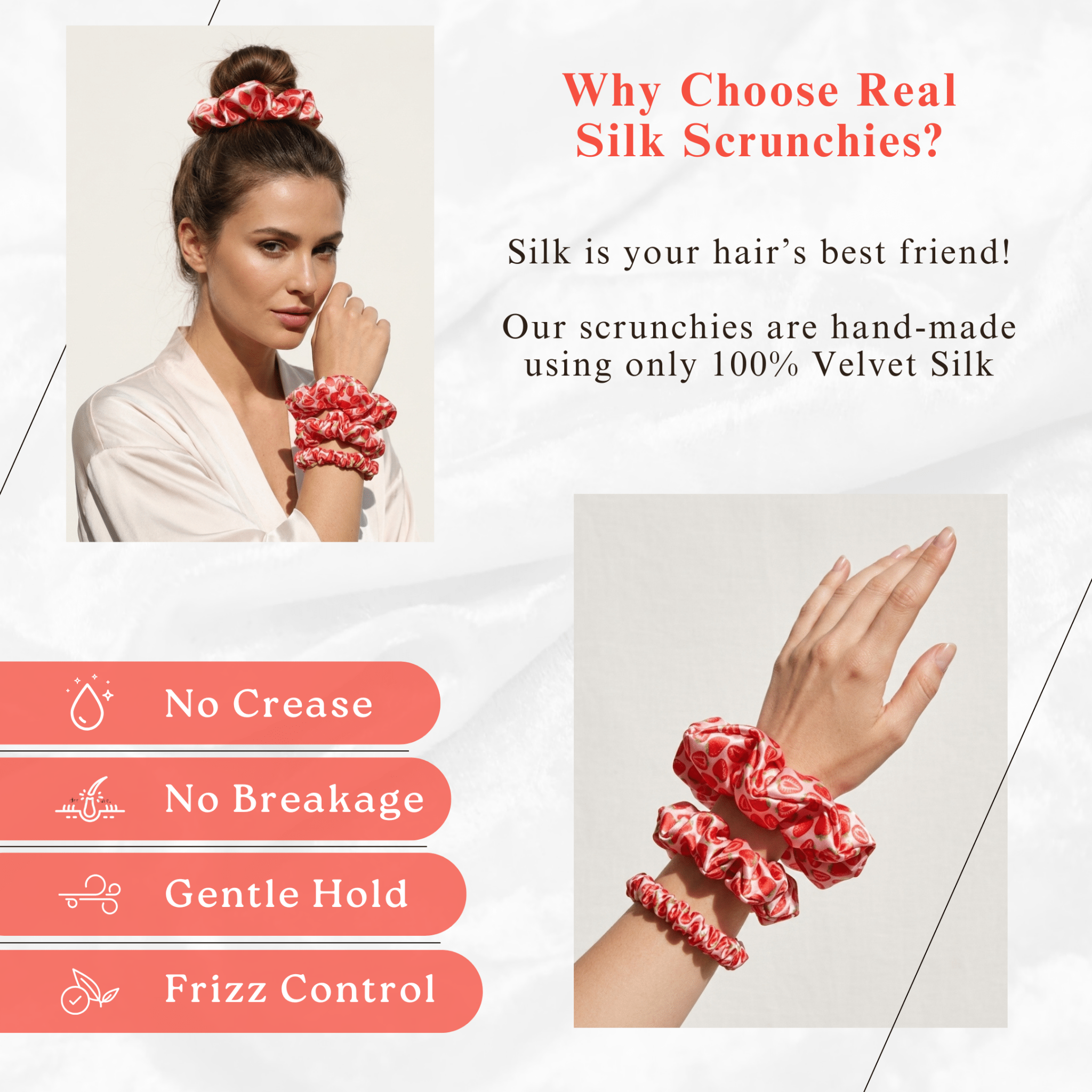 NOCHKA Strawberry Print of Silk Scrunchies – Ultra Thin, Skinny, Regular & Jumbo - NOCHKA
