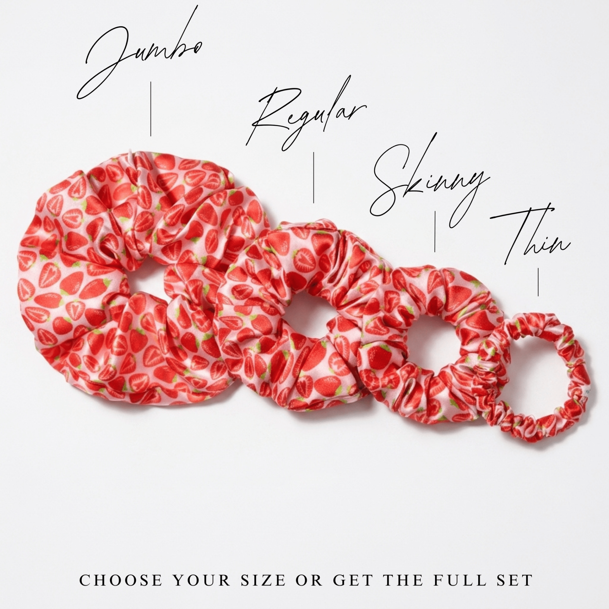 NOCHKA Strawberry Print of Silk Scrunchies – Ultra Thin, Skinny, Regular & Jumbo - NOCHKA
