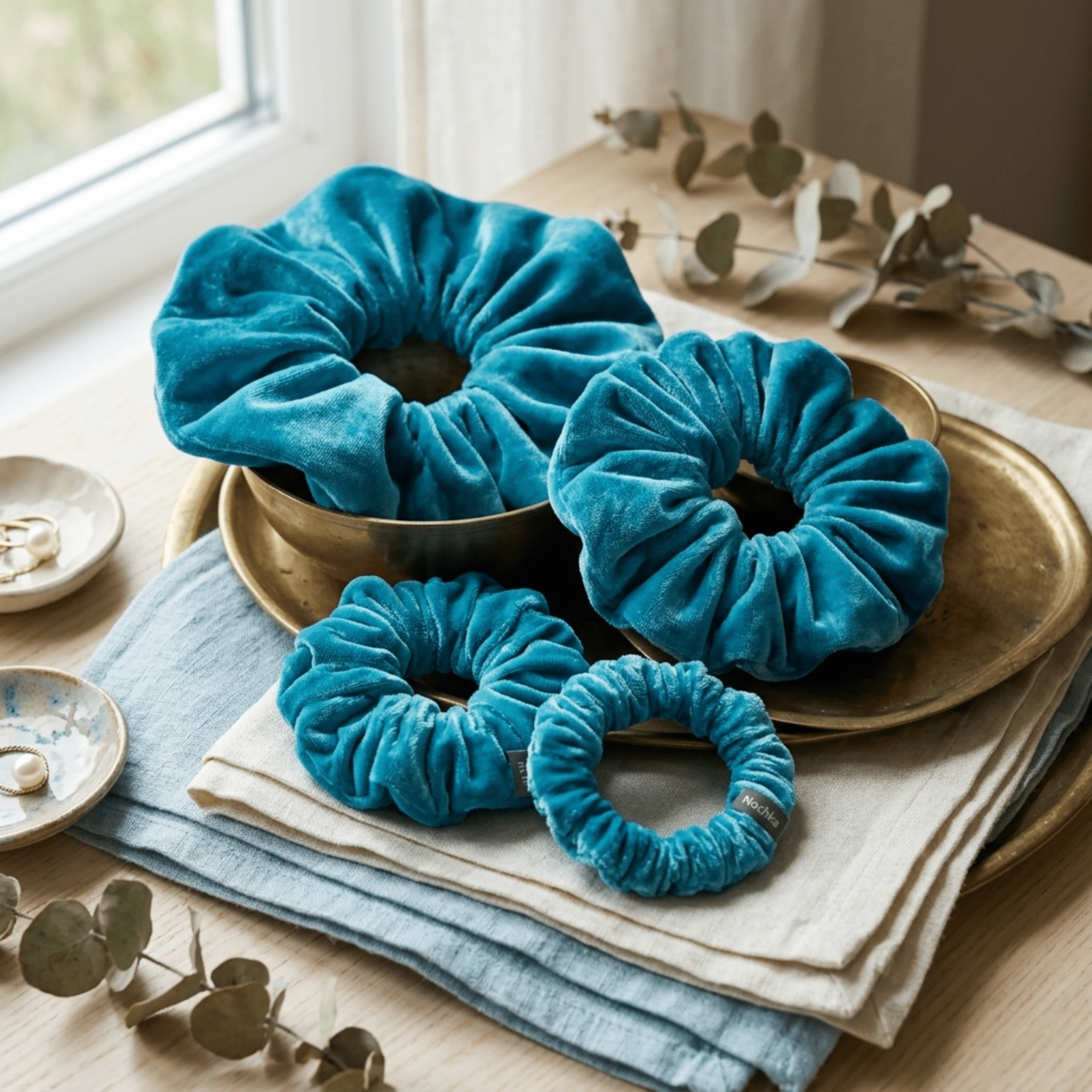 NOCHKA Teal Velvet Silk Scrunchies – Ultra Thin, Skinny, Regular & Jumbo Hair Ties – Soft Luxury Black Scrunchies for All Hair Type - NOCHKA
