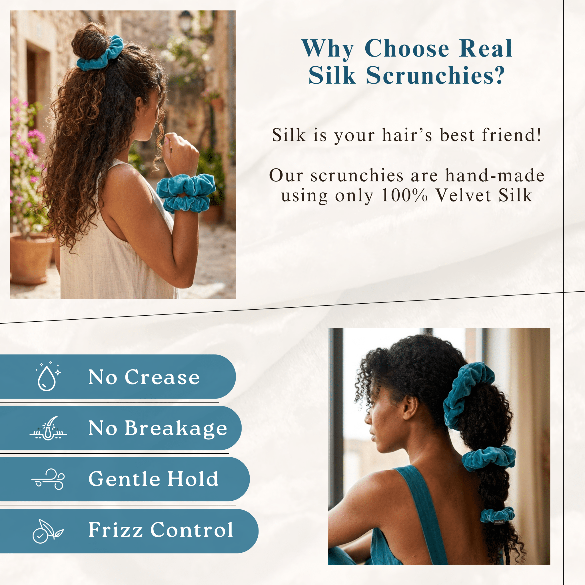 NOCHKA Teal Velvet Silk Scrunchies – Ultra Thin, Skinny, Regular & Jumbo Hair Ties – Soft Luxury Black Scrunchies for All Hair Type - NOCHKA
