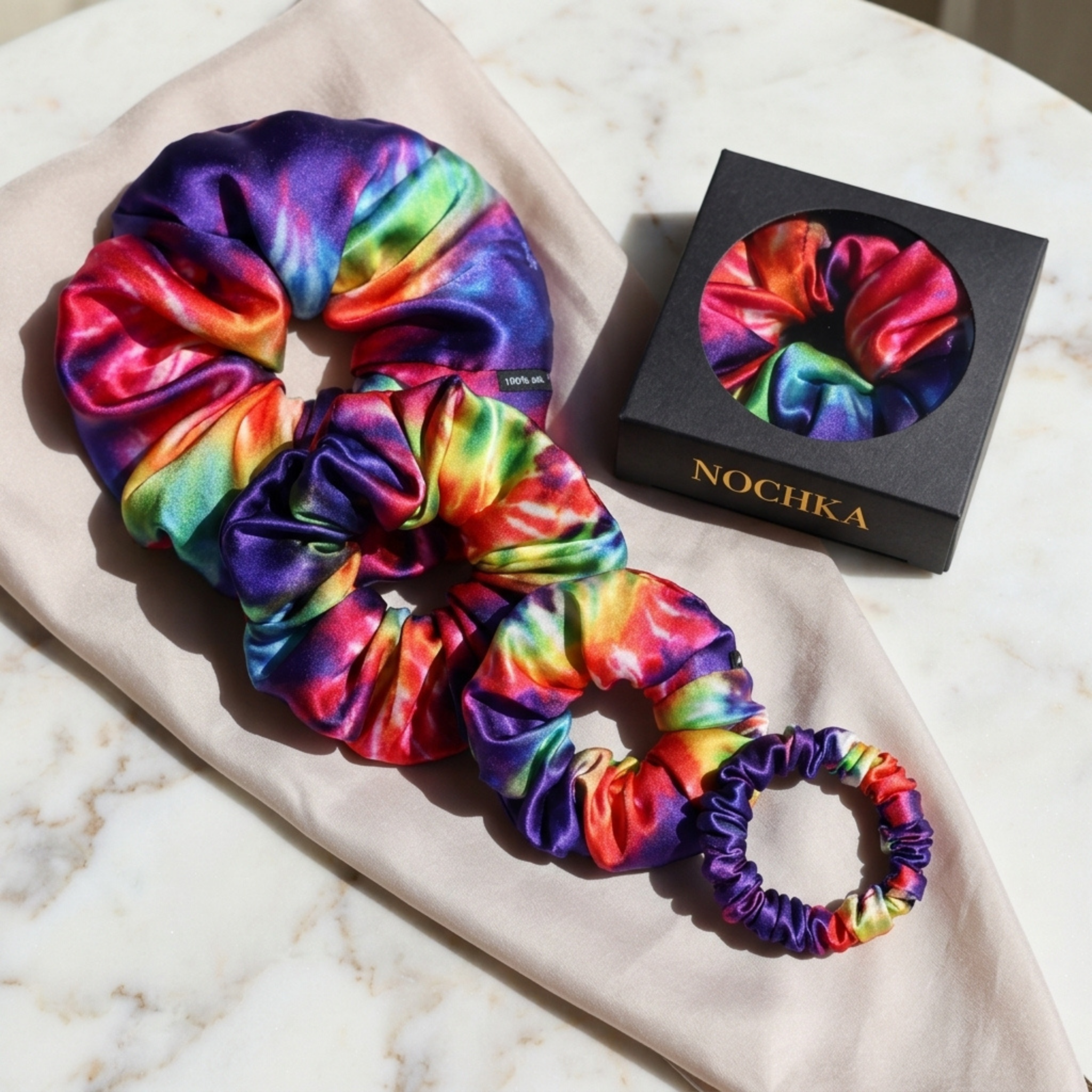 NOCHKA Tie Dye Print of Silk Scrunchies – Ultra Thin, Skinny, Regular & Jumbo - NOCHKA
