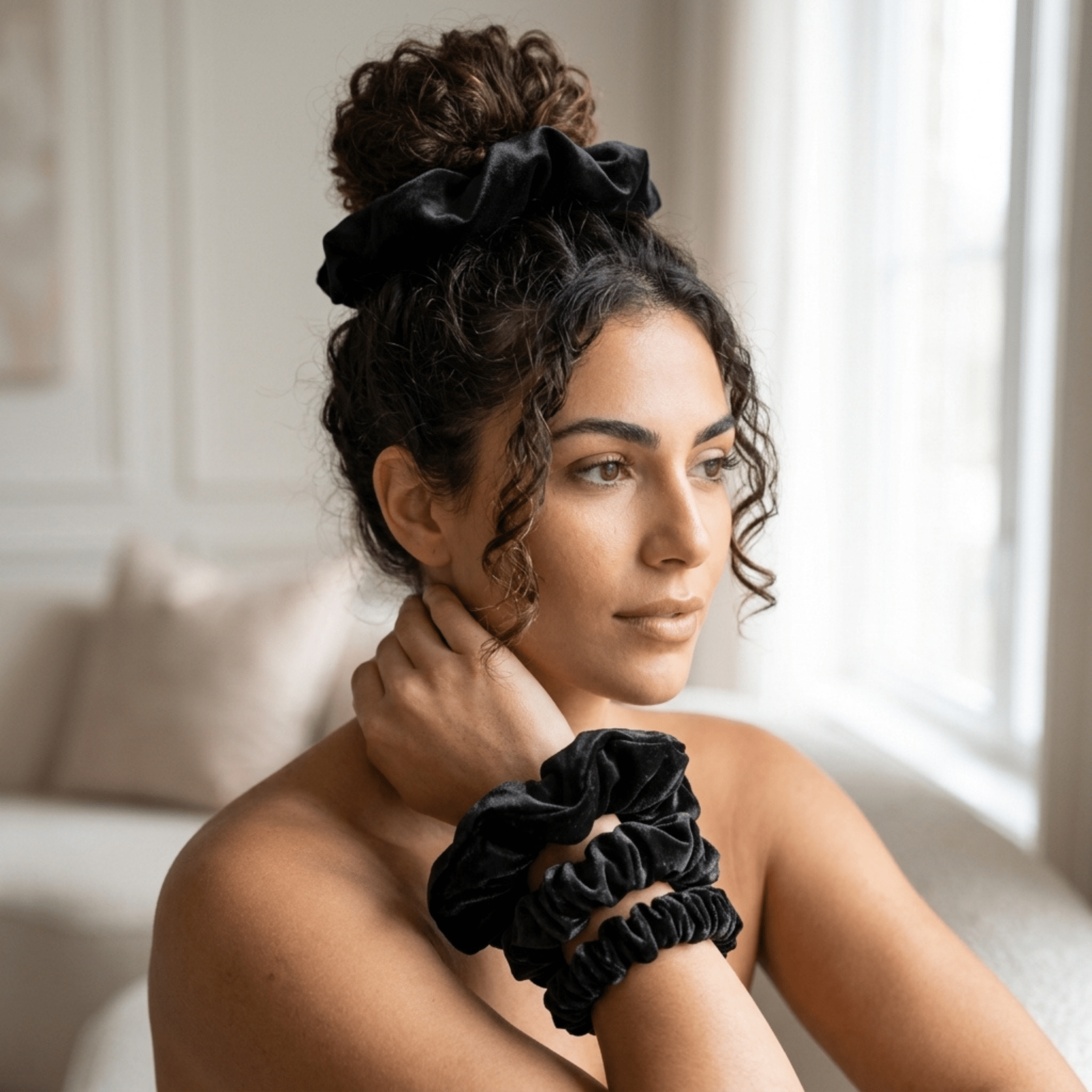 NOCHKA Velvet Silk Scrunchies – Ultra Thin, Skinny, Regular & Jumbo Hair Ties – Soft Luxury Black Scrunchies for All Hair Types - NOCHKA
