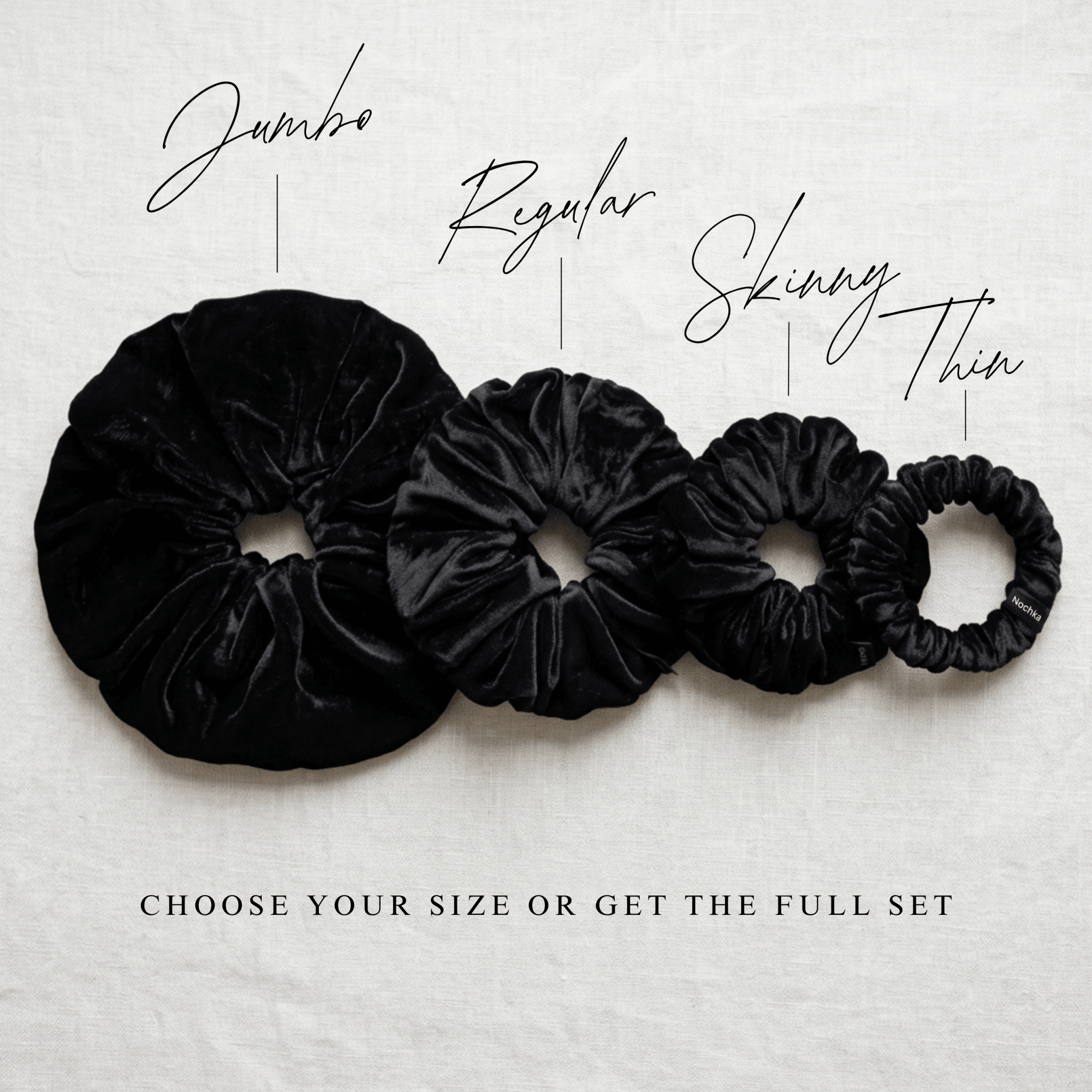 NOCHKA Velvet Silk Scrunchies – Ultra Thin, Skinny, Regular & Jumbo Hair Ties – Soft Luxury Black Scrunchies for All Hair Types - NOCHKA
