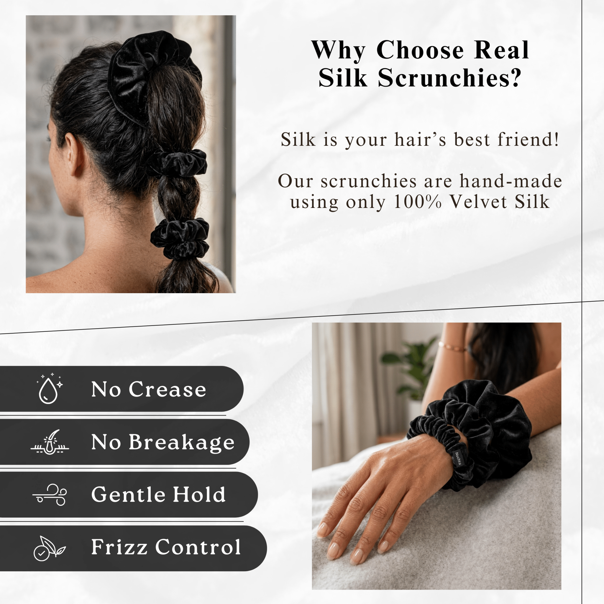 NOCHKA Velvet Silk Scrunchies – Ultra Thin, Skinny, Regular & Jumbo Hair Ties – Soft Luxury Black Scrunchies for All Hair Types - NOCHKA
