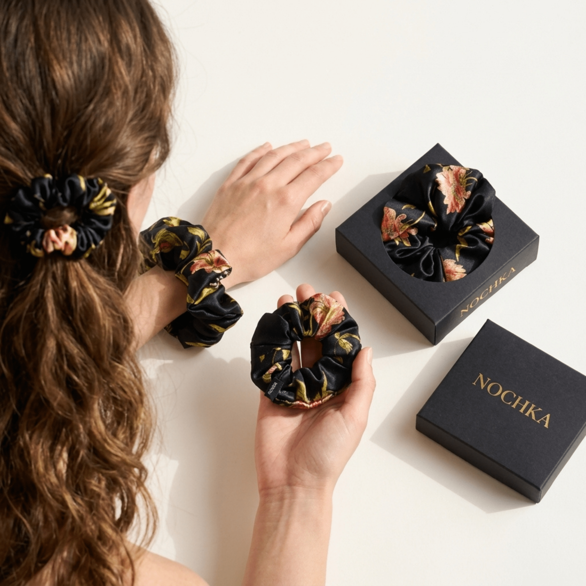 NOCHKA Wild Rose Print of Silk Scrunchies – Ultra Thin, Skinny, Regular & Jumbo - NOCHKA
