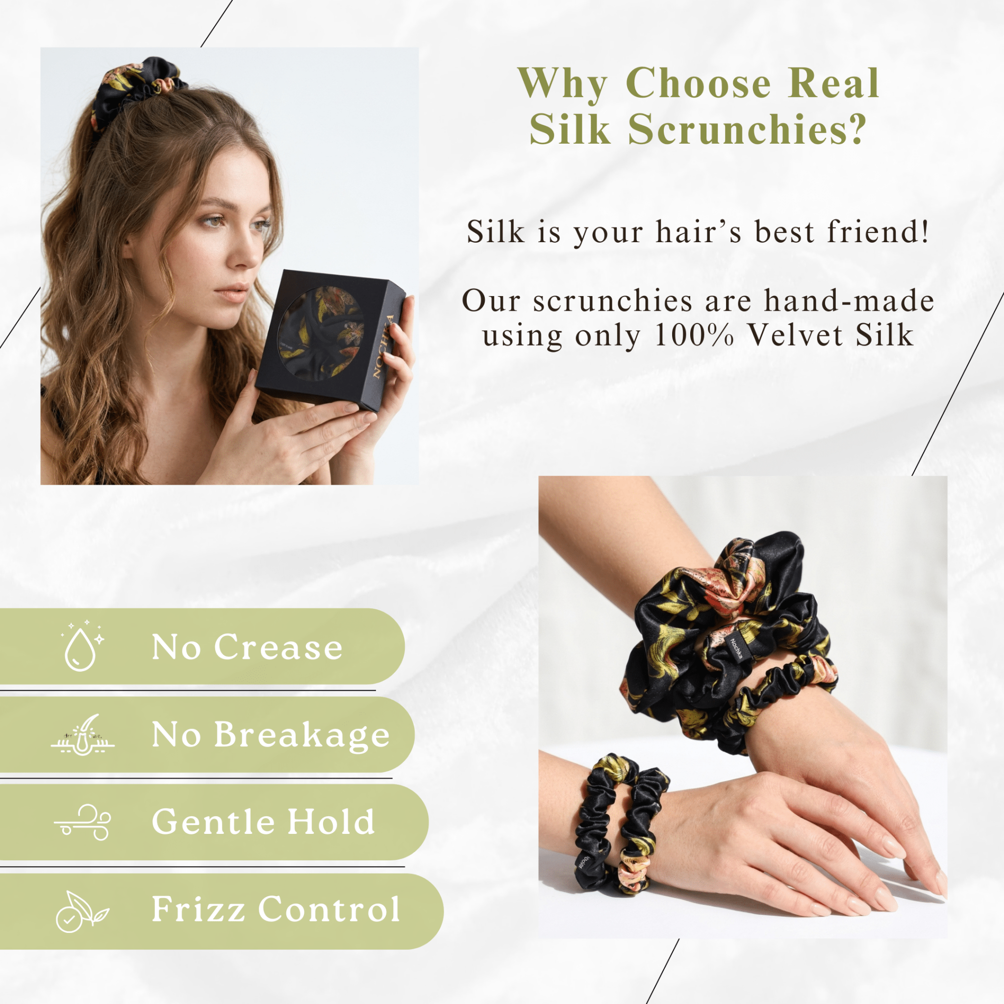 NOCHKA Wild Rose Print of Silk Scrunchies – Ultra Thin, Skinny, Regular & Jumbo - NOCHKA
