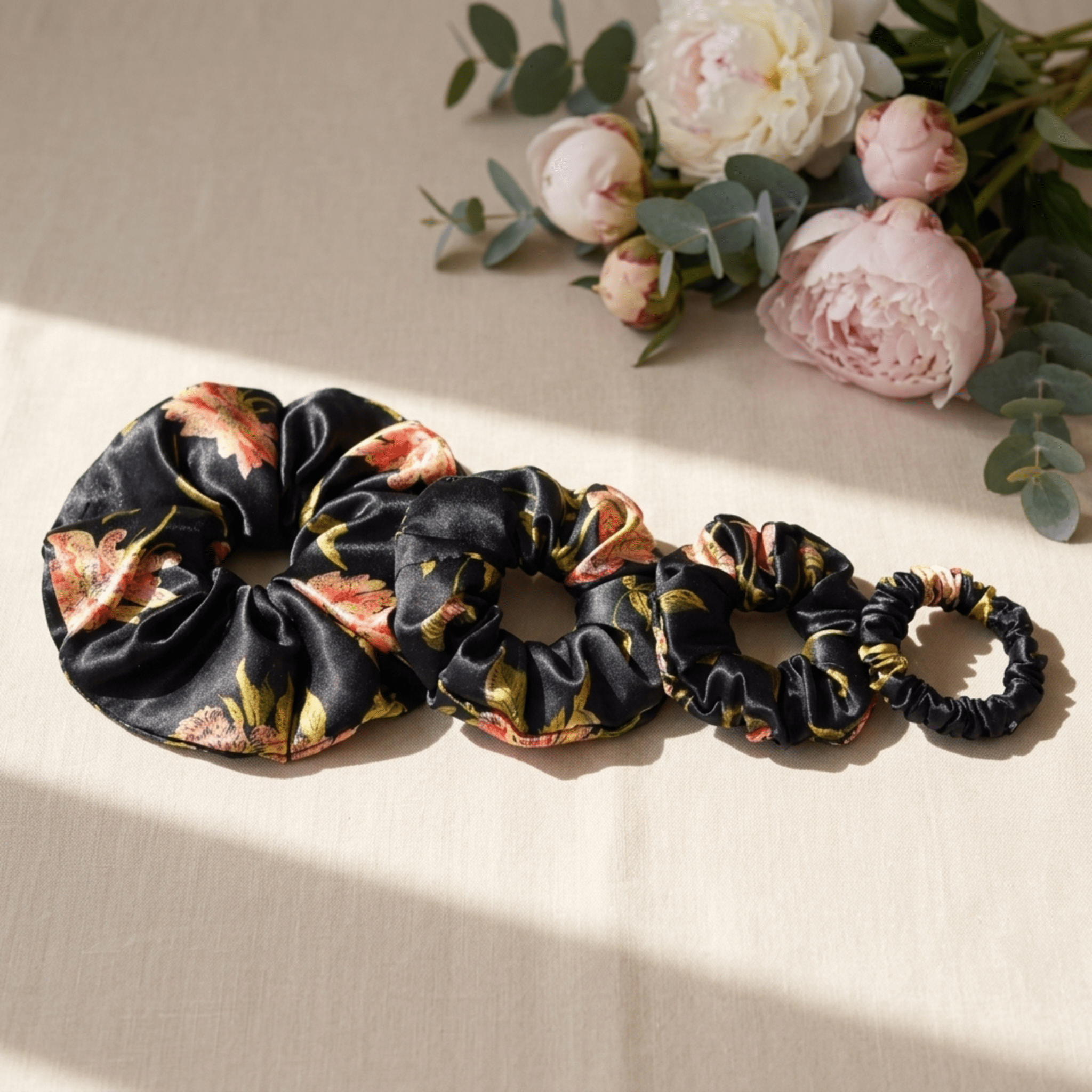NOCHKA Wild Rose Print of Silk Scrunchies – Ultra Thin, Skinny, Regular & Jumbo - NOCHKA
