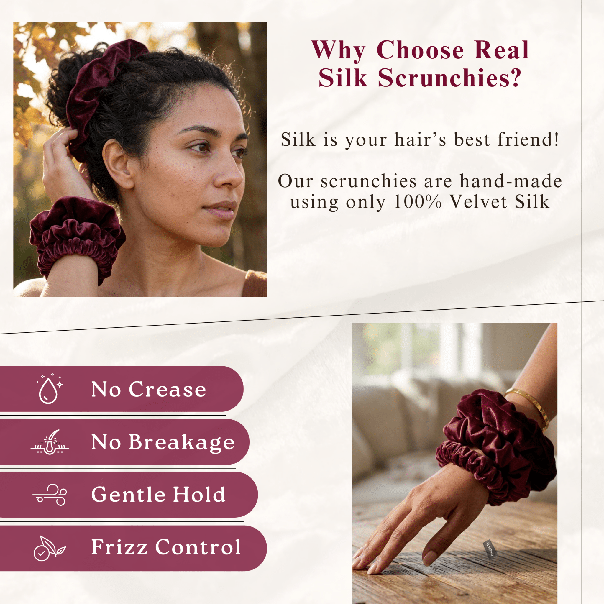 NOCHKA Wine Velvet Silk Scrunchies – Ultra Thin, Skinny, Regular & Jumbo Hair Ties – Soft Luxury Black Scrunchies for All Hair Types - NOCHKA
