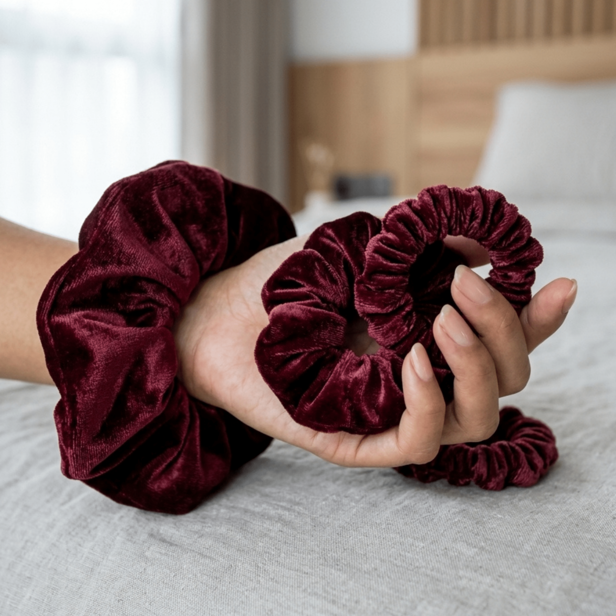 NOCHKA Wine Velvet Silk Scrunchies – Ultra Thin, Skinny, Regular & Jumbo Hair Ties – Soft Luxury Black Scrunchies for All Hair Types - NOCHKA
