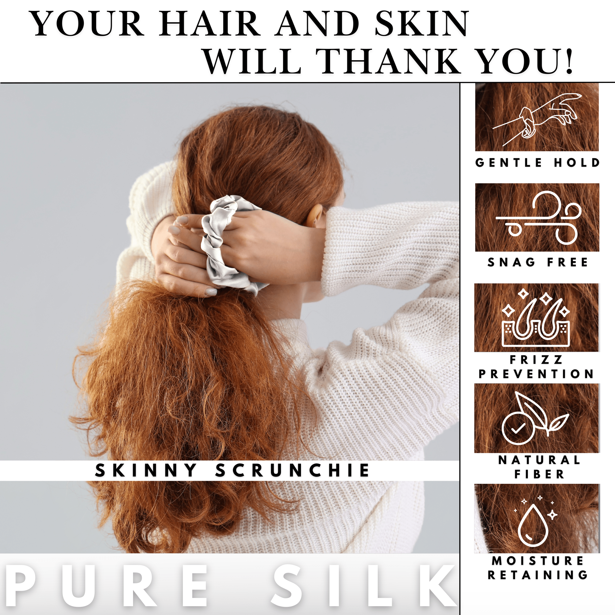 Off White Skinny Scrunchie – 100% Pure Mulberry Silk, Perfect for All Hair Types - NOCHKA
