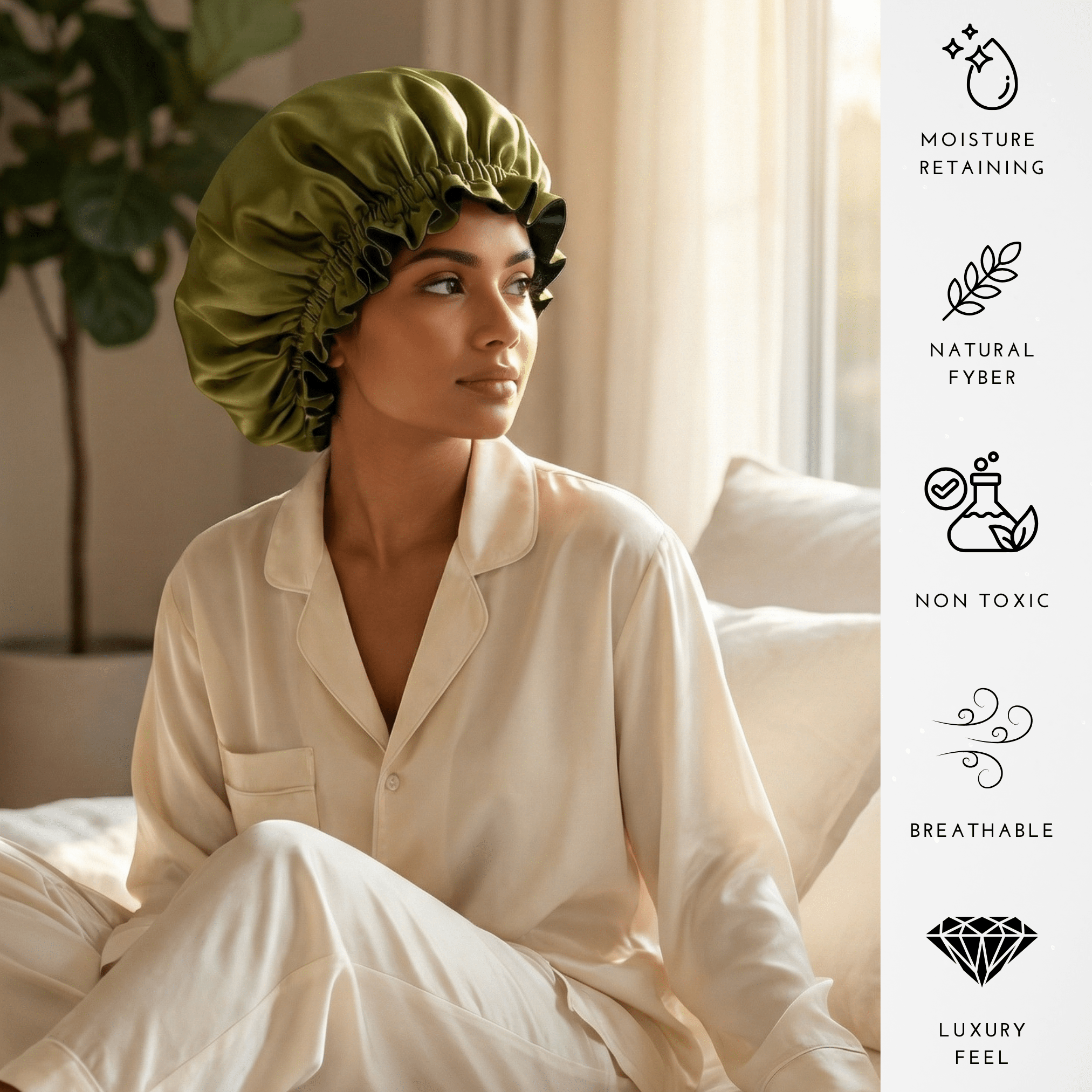 Olive & Black Pure Mulberry Silk Bonnet – Reversible & Durable - NOCHKA
