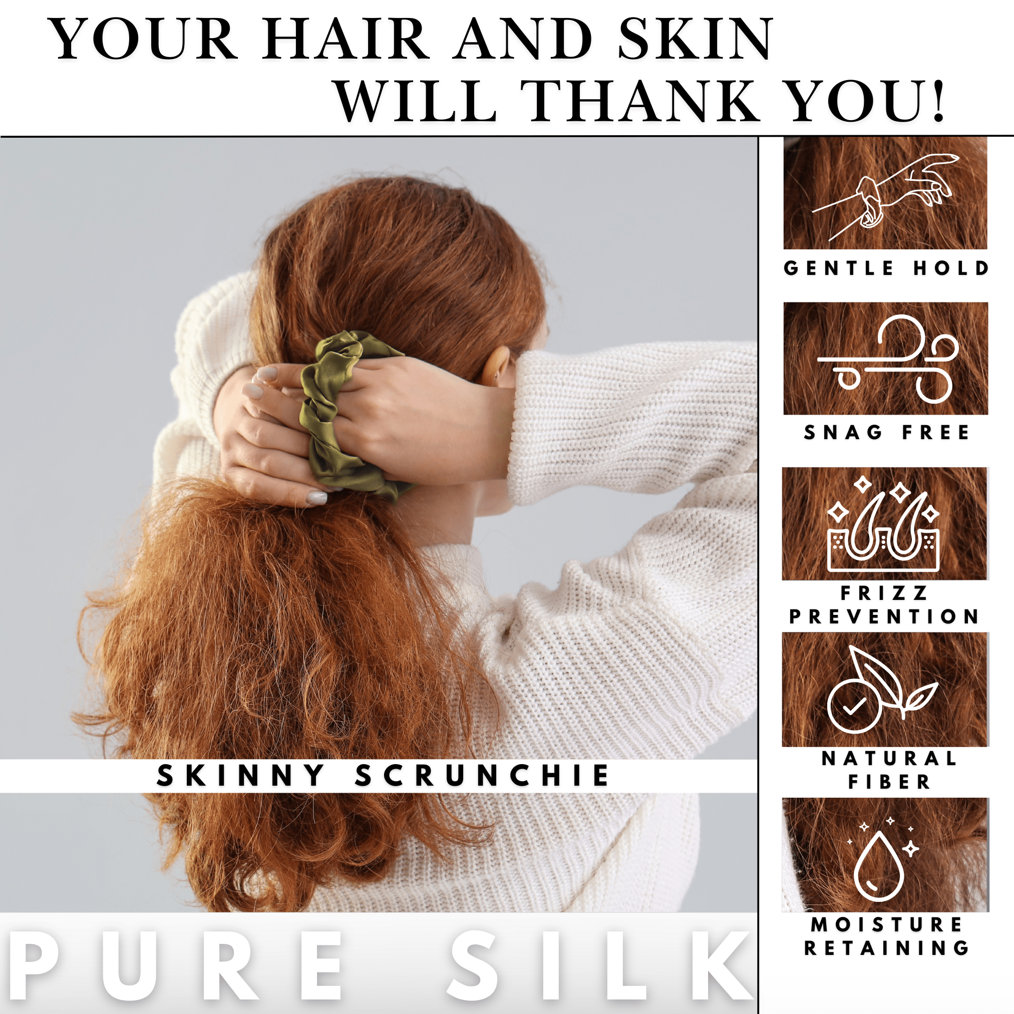 Olive Skinny Scrunchie – 100% Pure Mulberry Silk, Perfect for All Hair Types - NOCHKA
