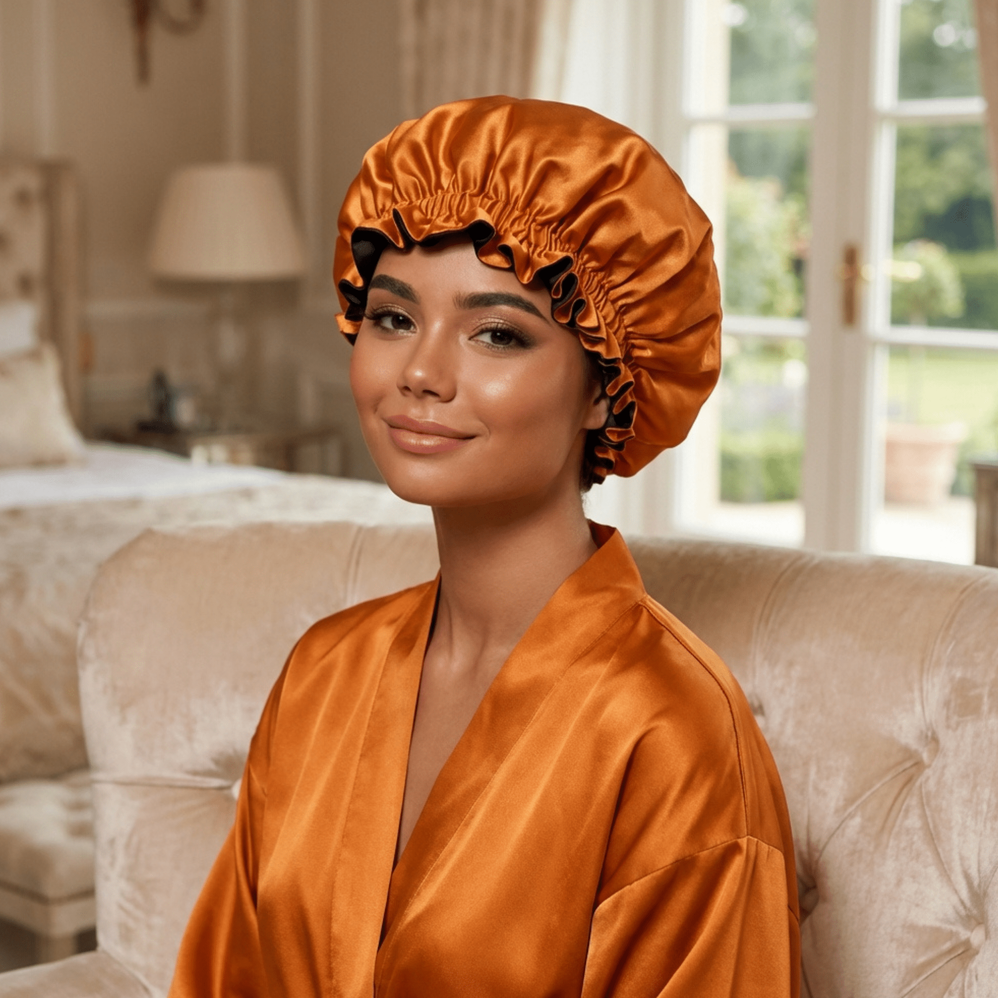 Orange & Black Pure Mulberry Silk Bonnet – Reversible & Durable - NOCHKA
