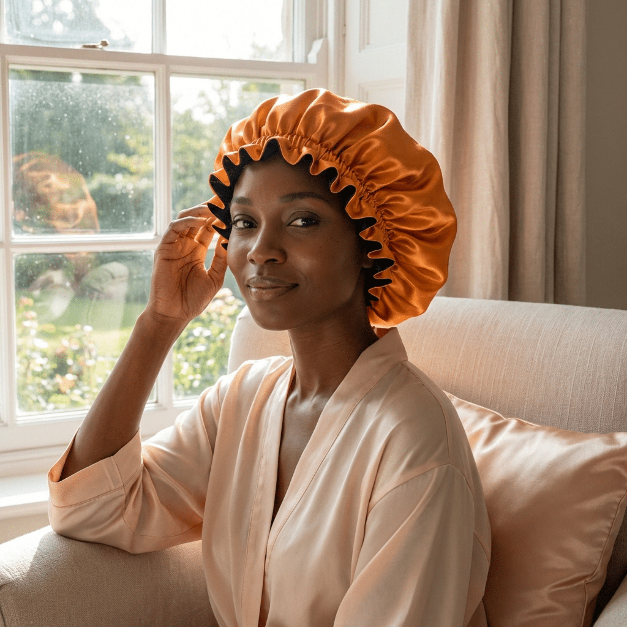 Orange & Black Pure Mulberry Silk Bonnet – Reversible & Durable - NOCHKA
