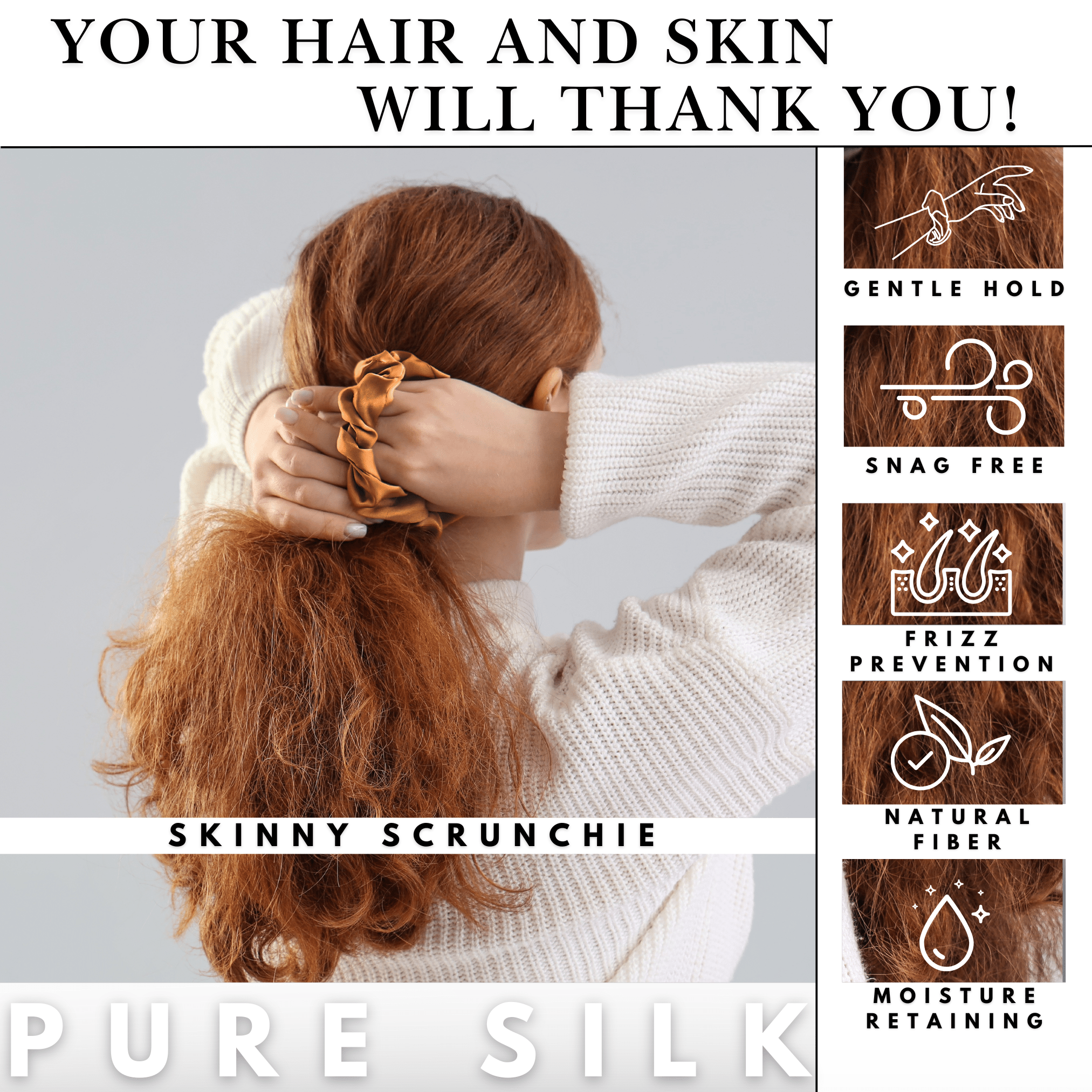 Orange Skinny Scrunchie – 100% Pure Mulberry Silk, Perfect for All Hair Types - NOCHKA
