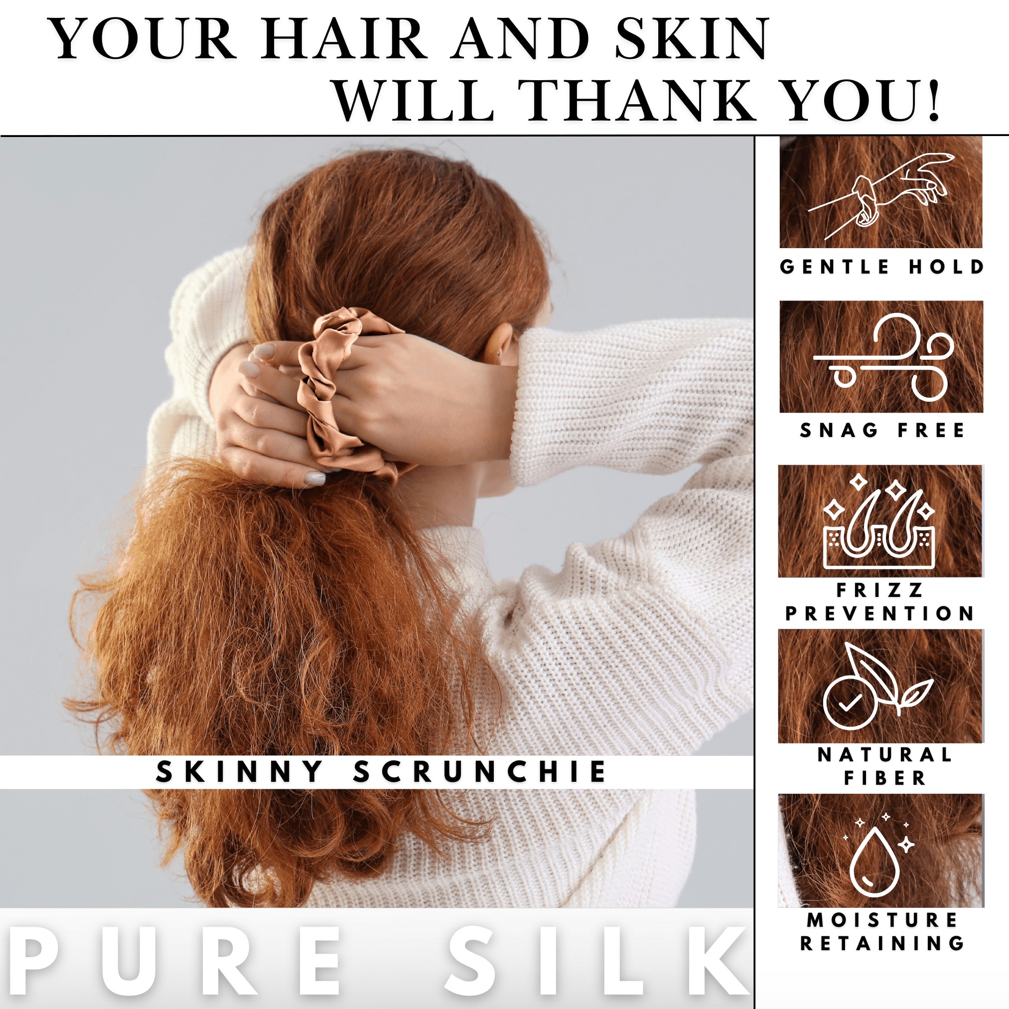 Peach Skinny Scrunchie – 100% Pure Mulberry Silk, Perfect for All Hair Types - NOCHKA
